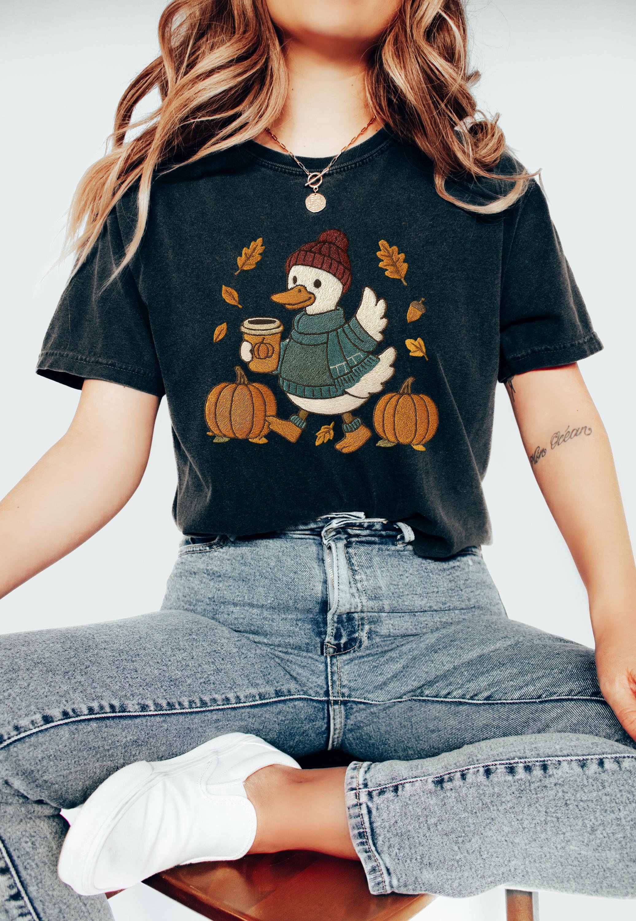 Cute Retro Fall Duck Comfort Colors Shirt, Autumn Design, Vintage Thanksgiving Pumpkin Shirt, Retro Fall Shirt, Pumpkin Spice Coffee