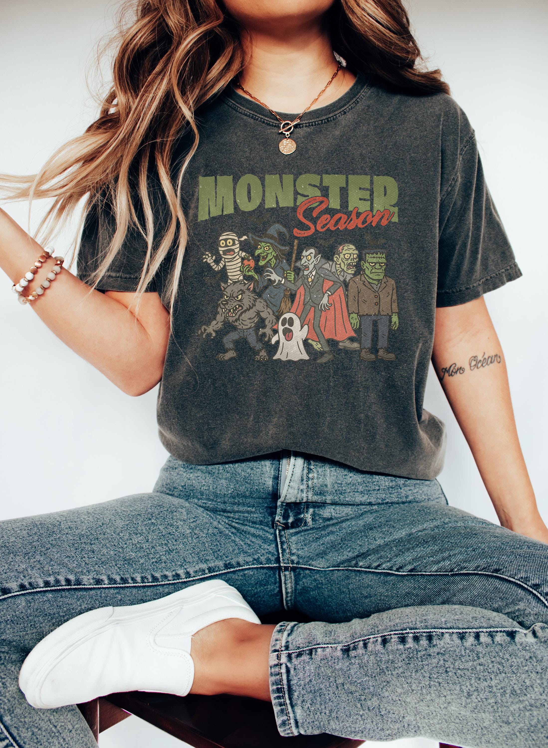 Monster Season Halloween Comfort Colors Shirt, Spooky Design, Retro Witch Mummy Ghost T-Shirt, Fall Boxy Tee, Autumn T, Halloween 2025 Shirt