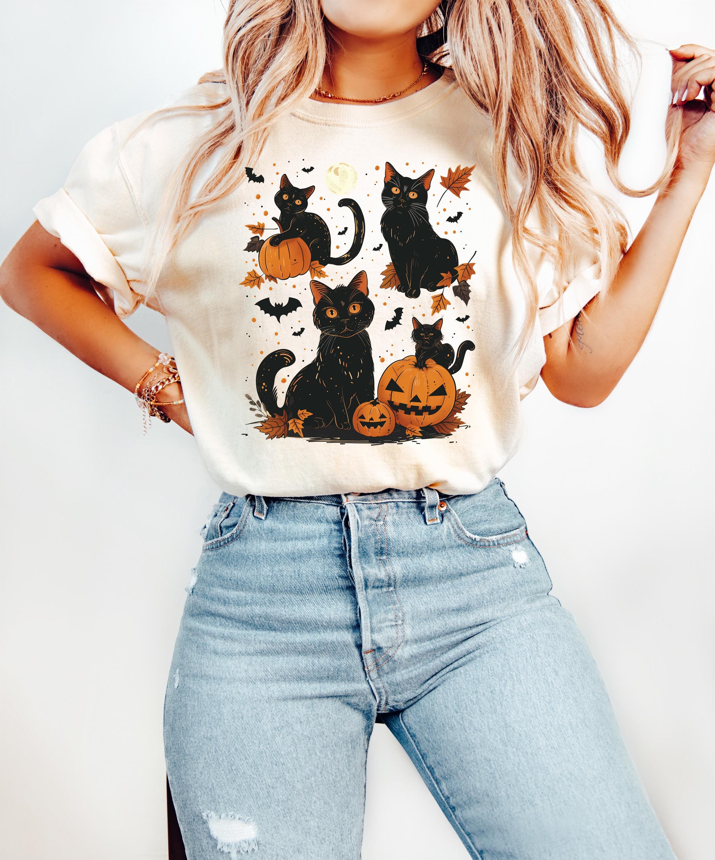 Black Cat Halloween Comfort Colors Shirt, 90's Design, Retro Pumpkin Fall T-Shirt, Boxy Tee, Unisex, Fall Cat Deign, Autumn T,