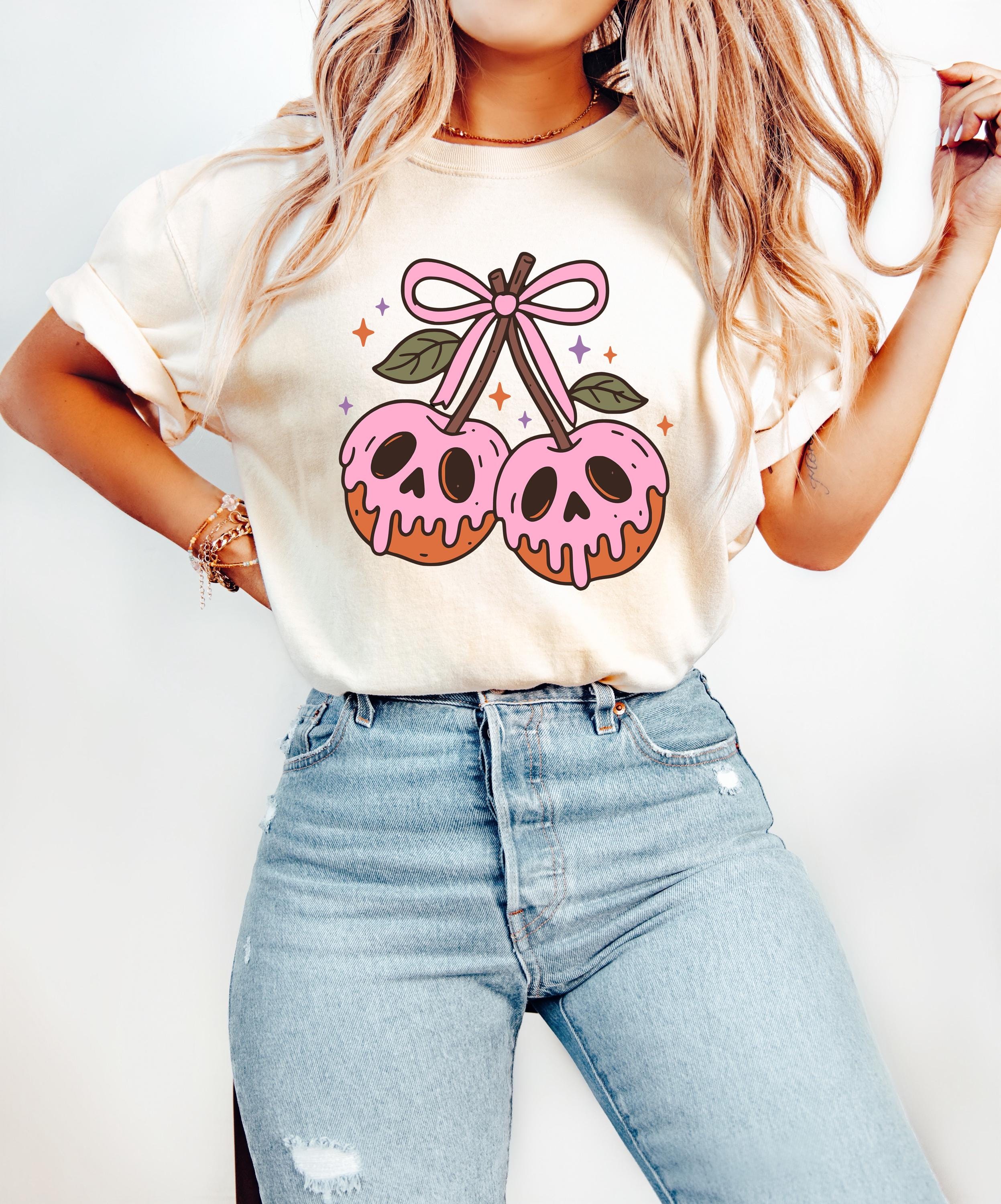Pink Cherries Halloween Comfort Colors Shirt, Skull Design, Retro Pumpkin Fall T-Shirt, Boxy Tee, Unisex, Fall Cat Deign, Autumn T,