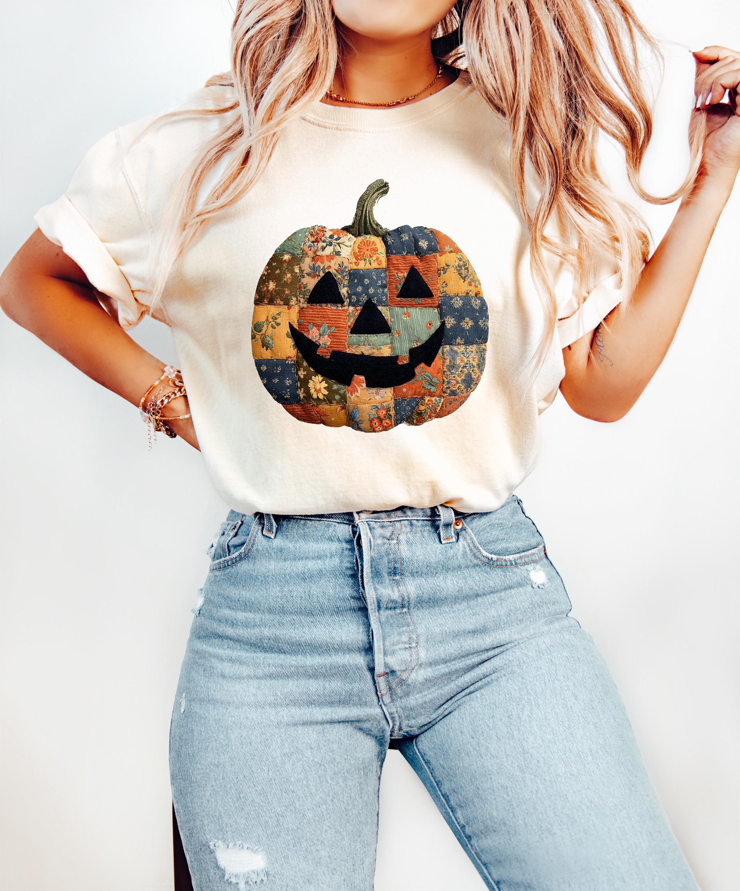 Printed DTG Faux Patchwork Jack O Lantern Halloween Comfort Colors Shirt, Fall Design, Retro Pumpkin Fall TShirt, Boxy Tee, Unisex, Autumn T