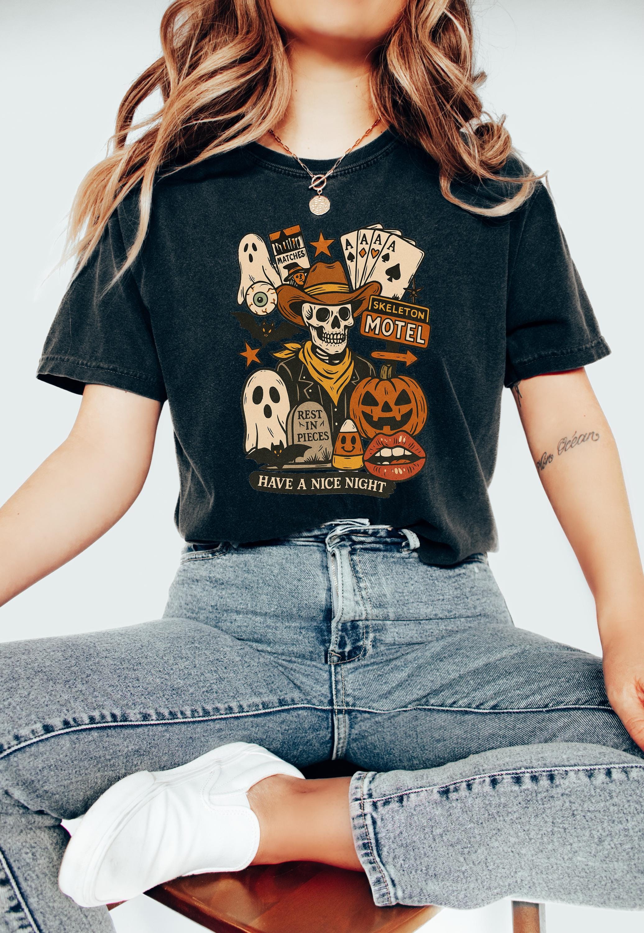 Skeleton Motel Halloween Comfort Colors Shirt, Creep it Real Shirt, Spooky Shirt, Retro Fall TShirt, Boxy Tee, Unisex Autumn T