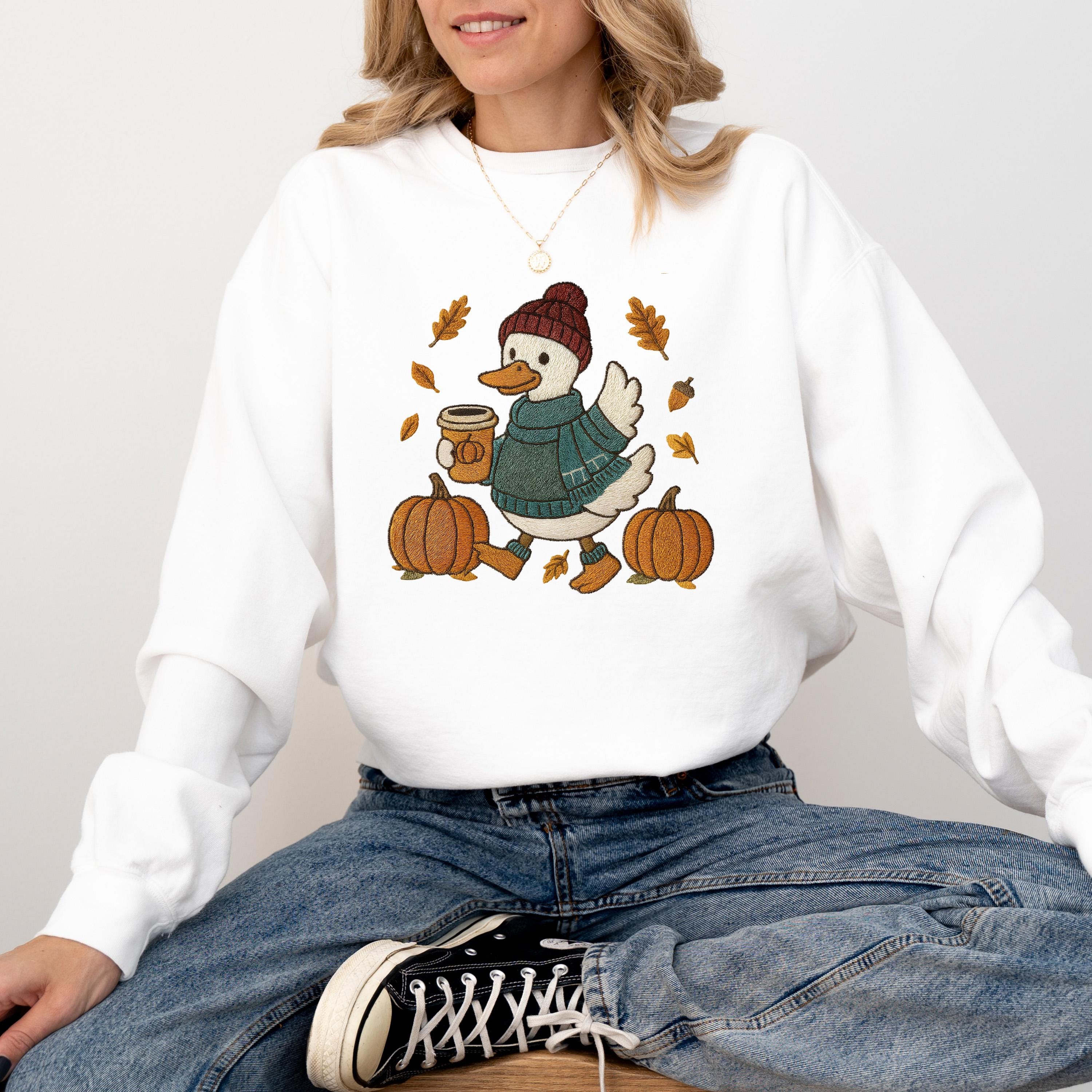 Fall Leaves Comfort Colors Sweatshirt, Faux Stitch Duck Design, DTG Printed Design, Fall Pumpkin, Autumn Sweater, Pumpkin Spice New Crewneck