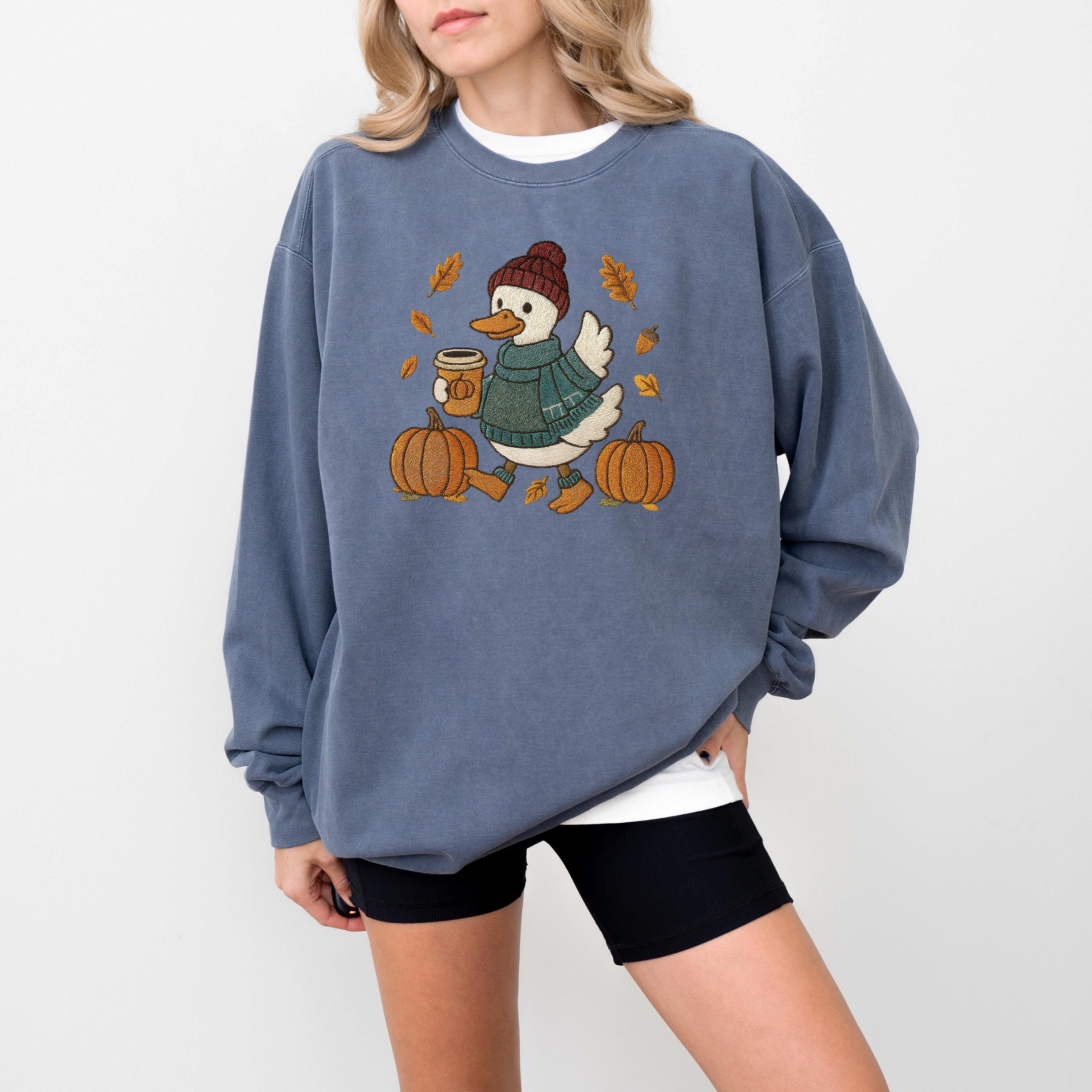 Fall Leaves Comfort Colors Sweatshirt, Faux Stitch Duck Design, DTG Printed Design, Fall Pumpkin, Autumn Sweater, Pumpkin Spice New Crewneck