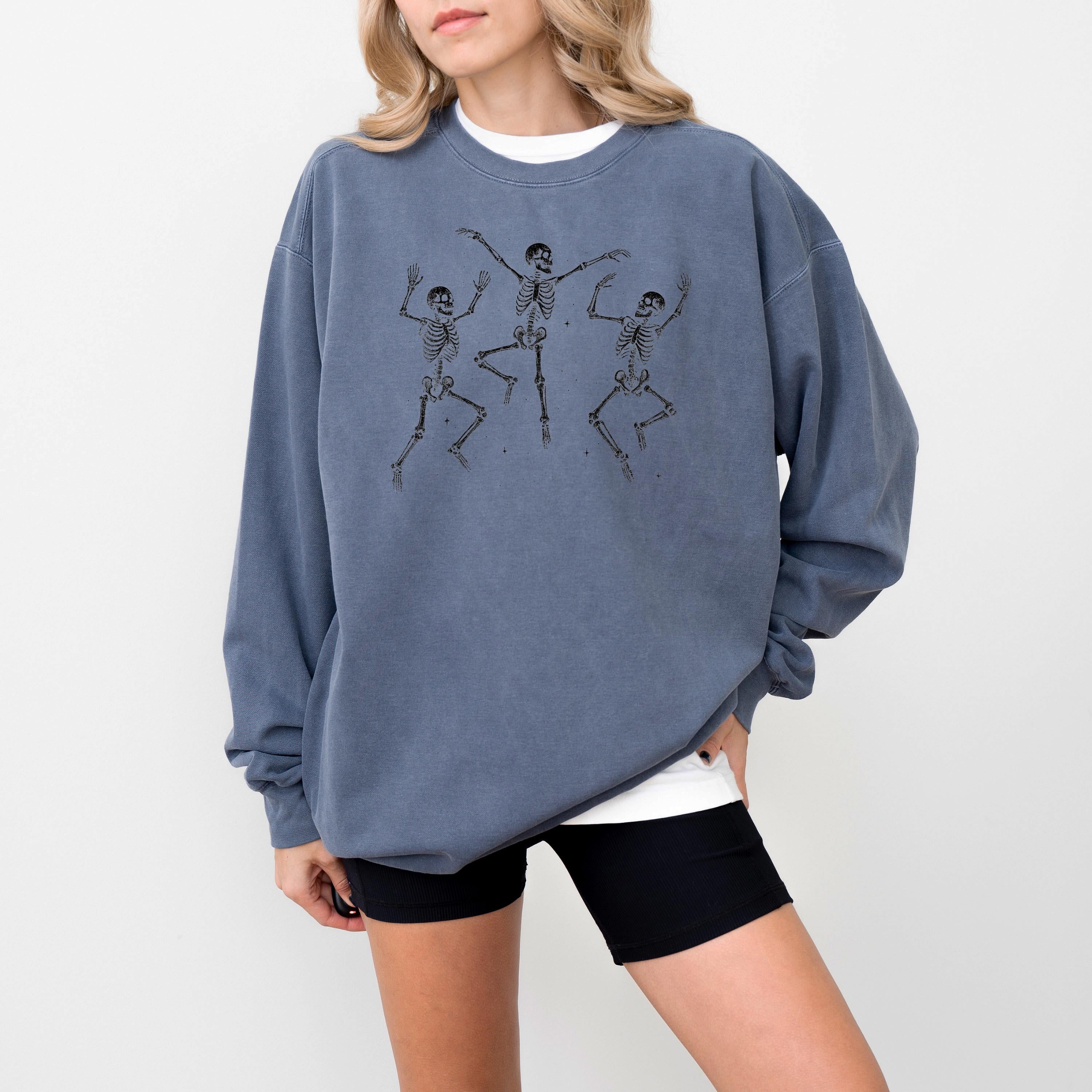 New Dancing Skeletons Comfort Colors Sweatshirt, Spooky Skull Design, DTG Printed Design, Fall Pumpkin, Autumn Sweater, Halloween Crewneck