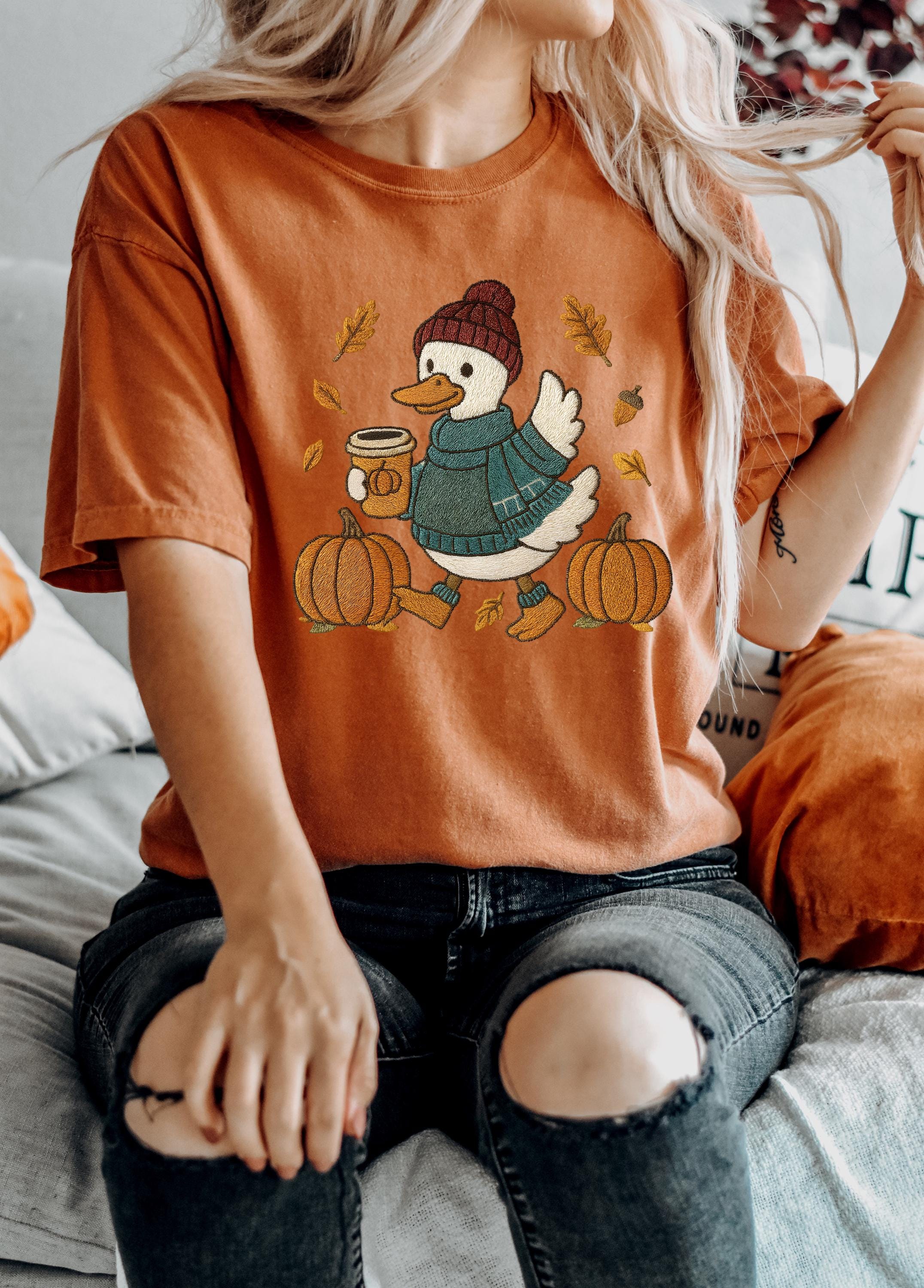Cute Retro Fall Duck Comfort Colors Shirt, Autumn Design, Vintage Thanksgiving Pumpkin Shirt, Retro Fall Shirt, Pumpkin Spice Coffee