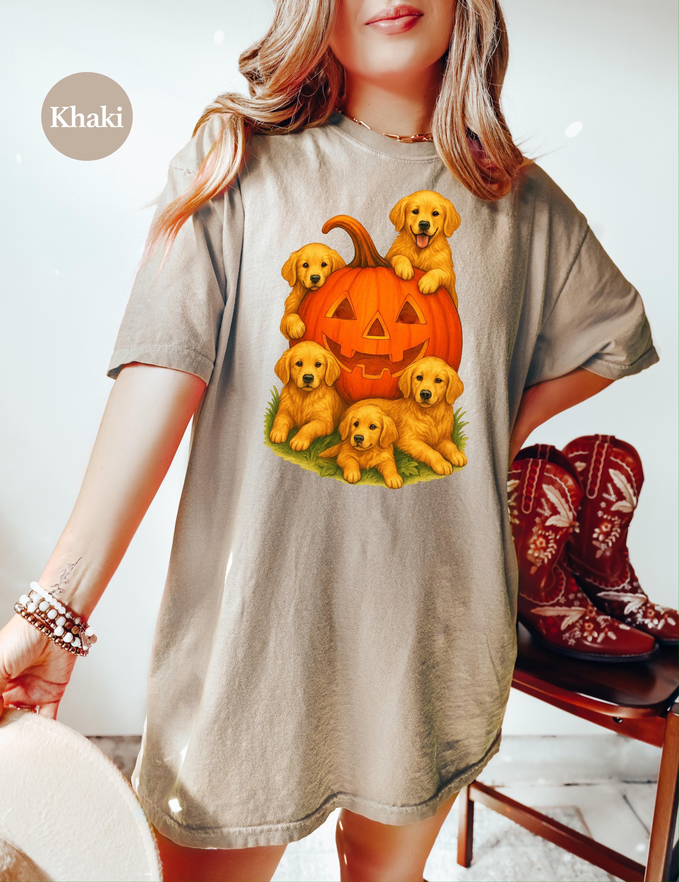 90's Style Halloween Comfort Colors Shirt, Vintage Design, Retro Pumpkin Fall T-Shirt, Boxy Tee, Unisex, Golden Retriver Design, Autumn T
