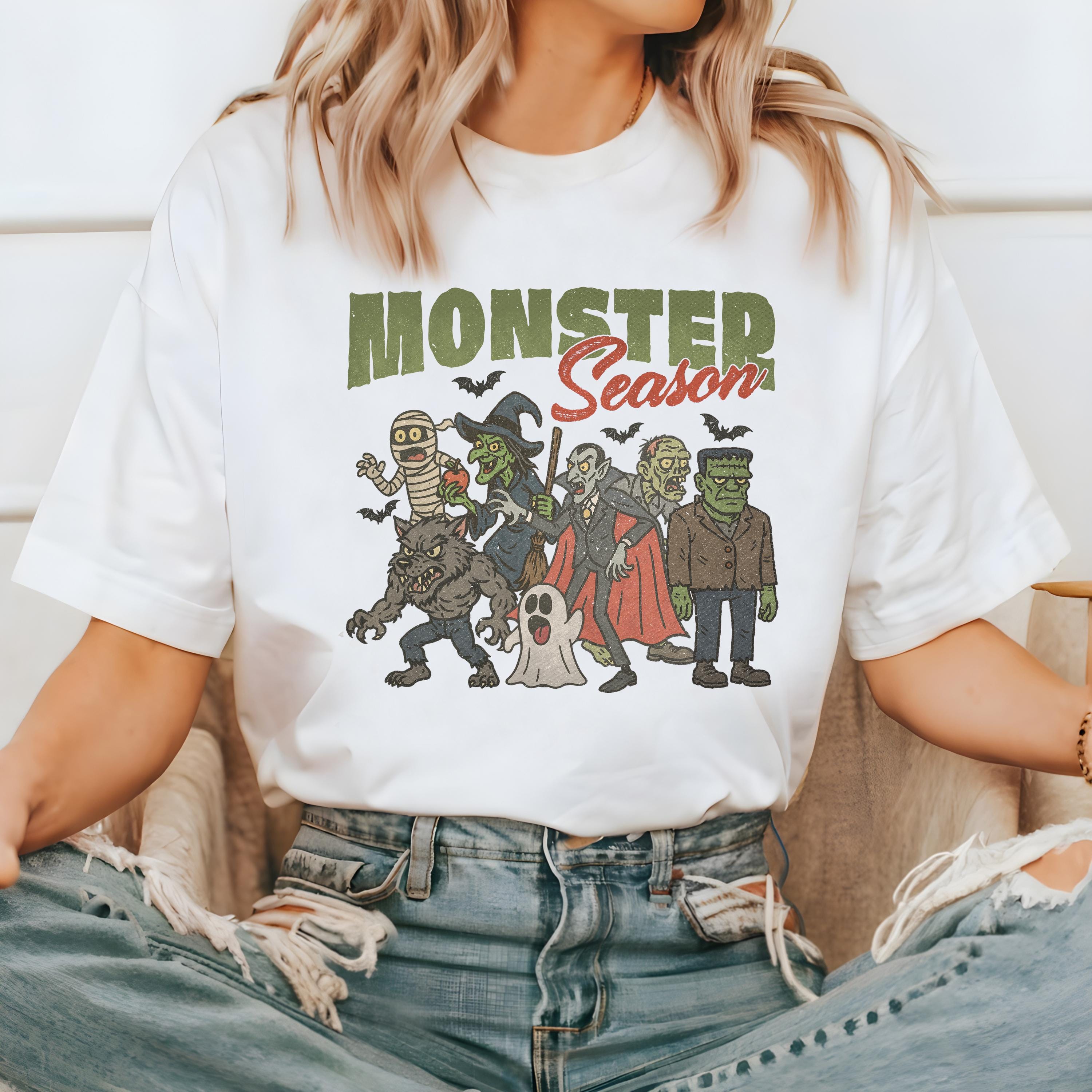 Monster Season Halloween Comfort Colors Shirt, Spooky Design, Retro Witch Mummy Ghost T-Shirt, Fall Boxy Tee, Autumn T, Halloween 2025 Shirt