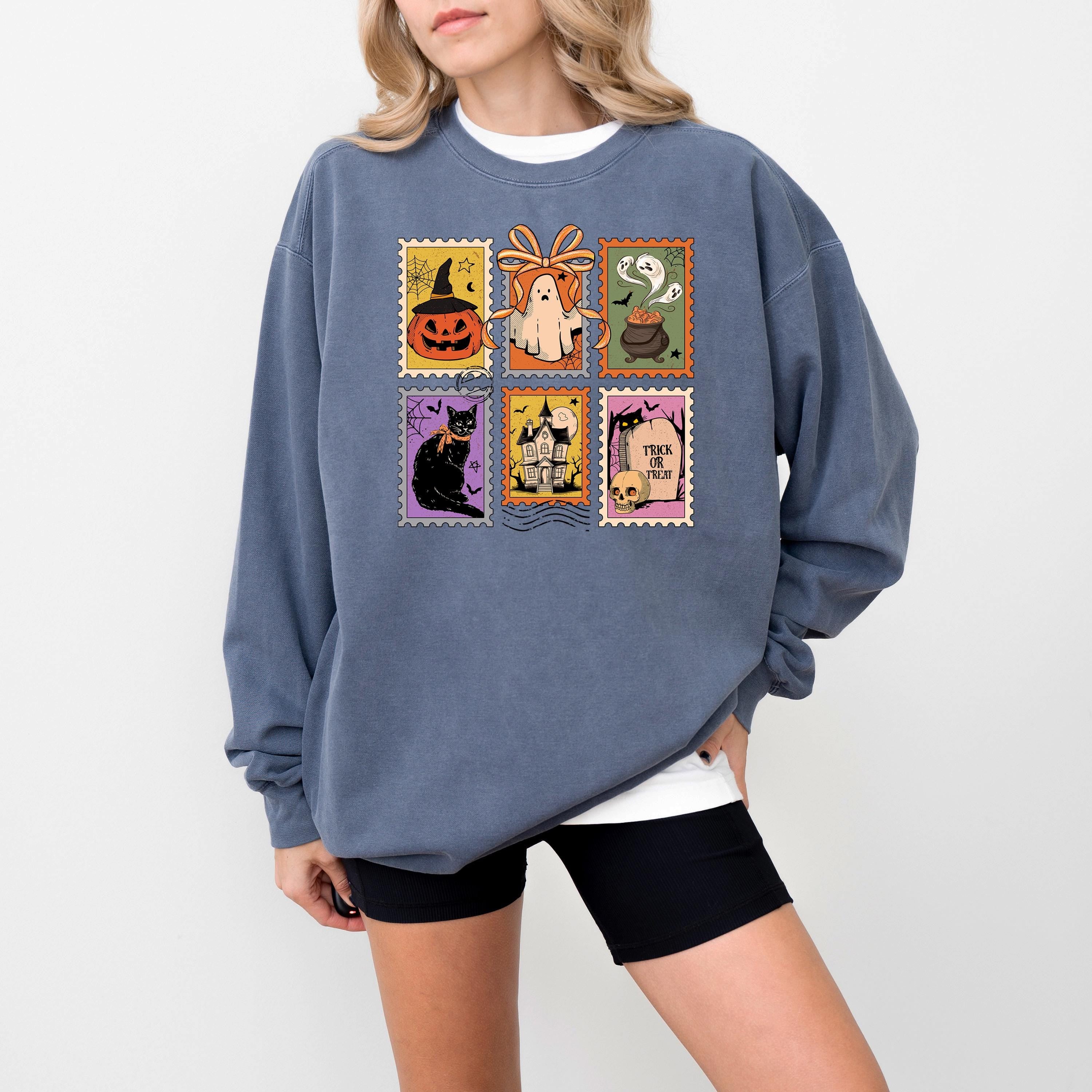 Halloween Stamp Design Comfort Colors Sweatshirt, Witches Brew DTG Design, Fall Jack O Lantern Pumpkin, Autumn Sweater, Black Cat Crewneck