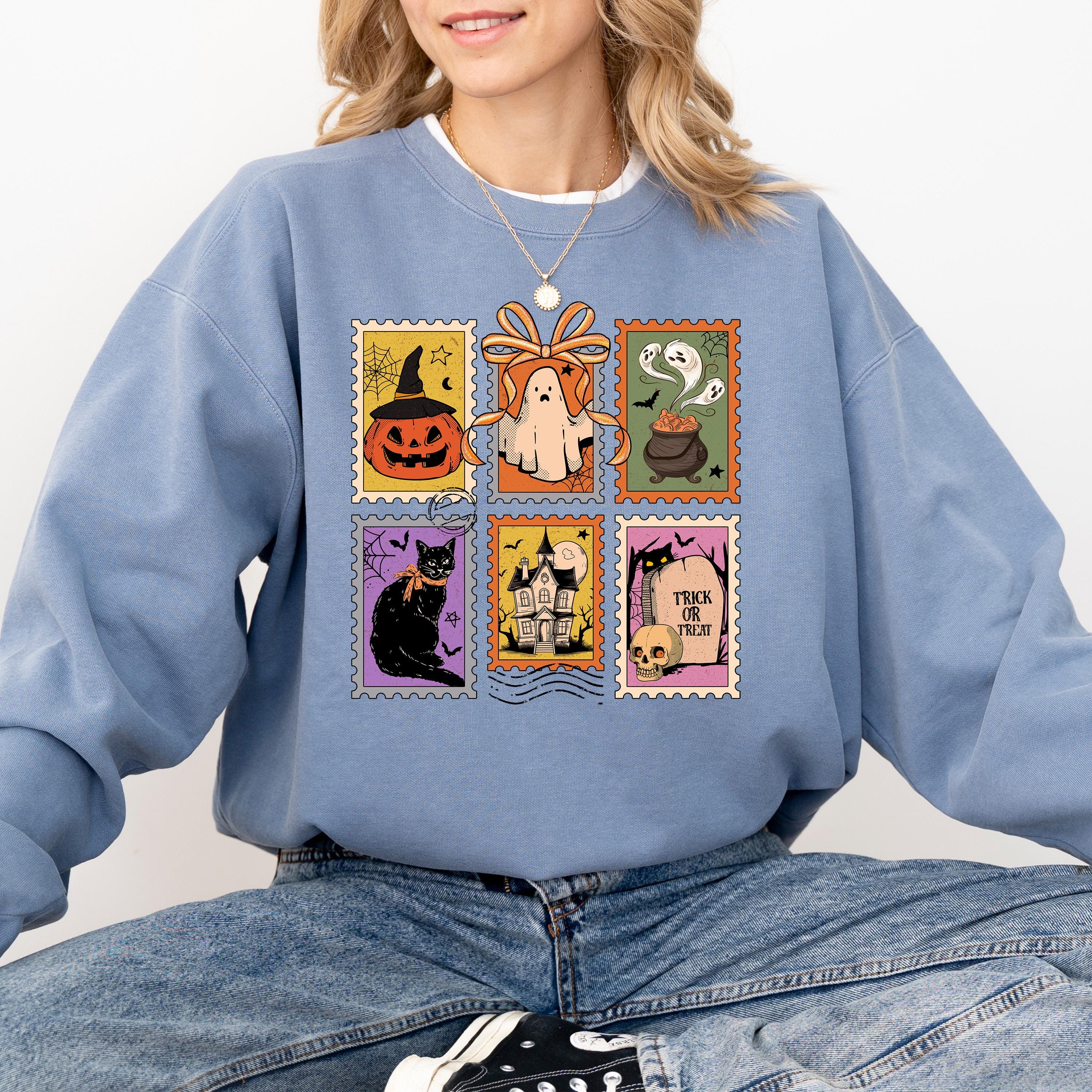 Halloween Stamp Design Comfort Colors Sweatshirt, Witches Brew DTG Design, Fall Jack O Lantern Pumpkin, Autumn Sweater, Black Cat Crewneck