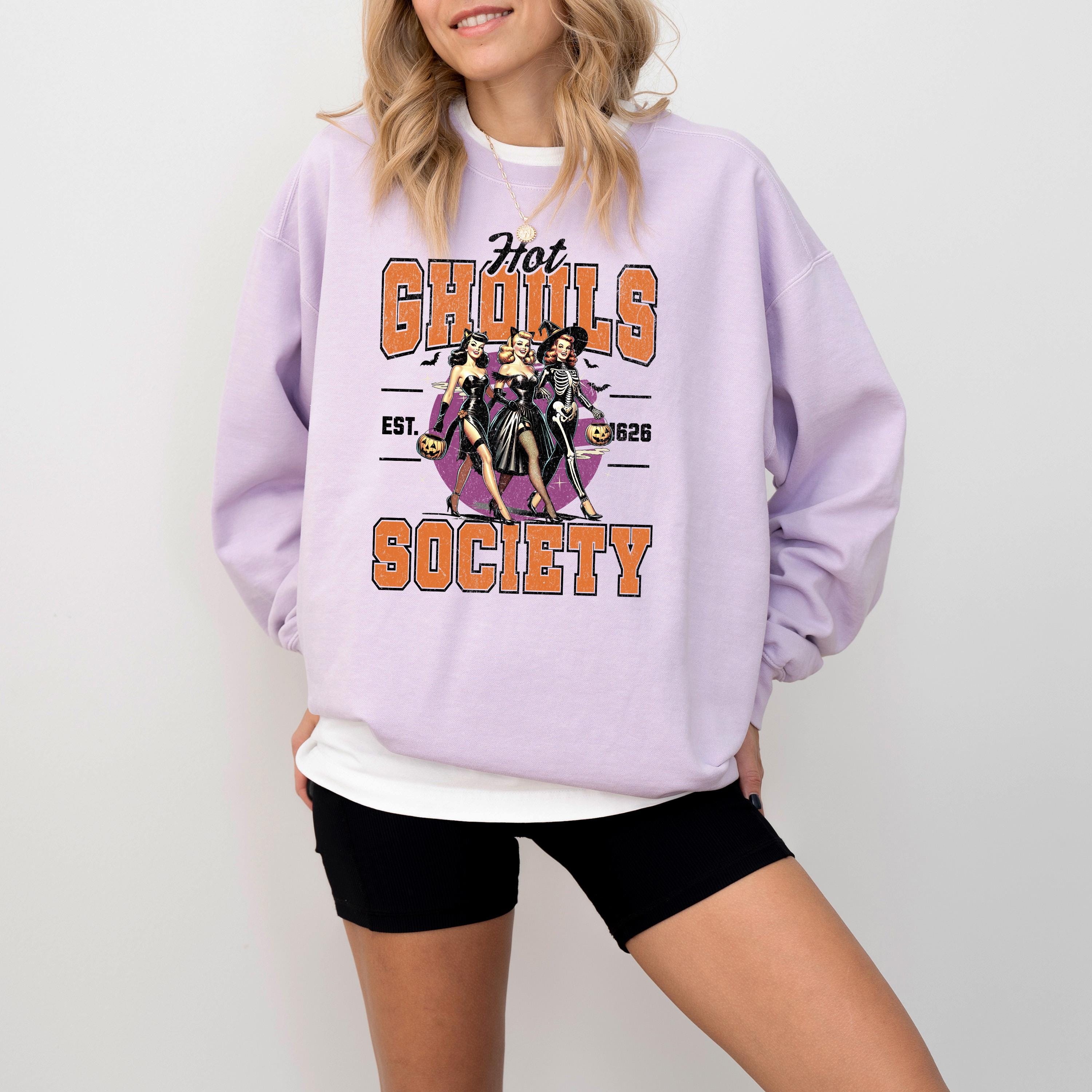 Hot Ghouls Society Comfort Colors Sweatshirt, DTG Printed Design, Fall Jack O Lantern Pumpkin, Autumn Sweater, Spooky Ghost Crewneck