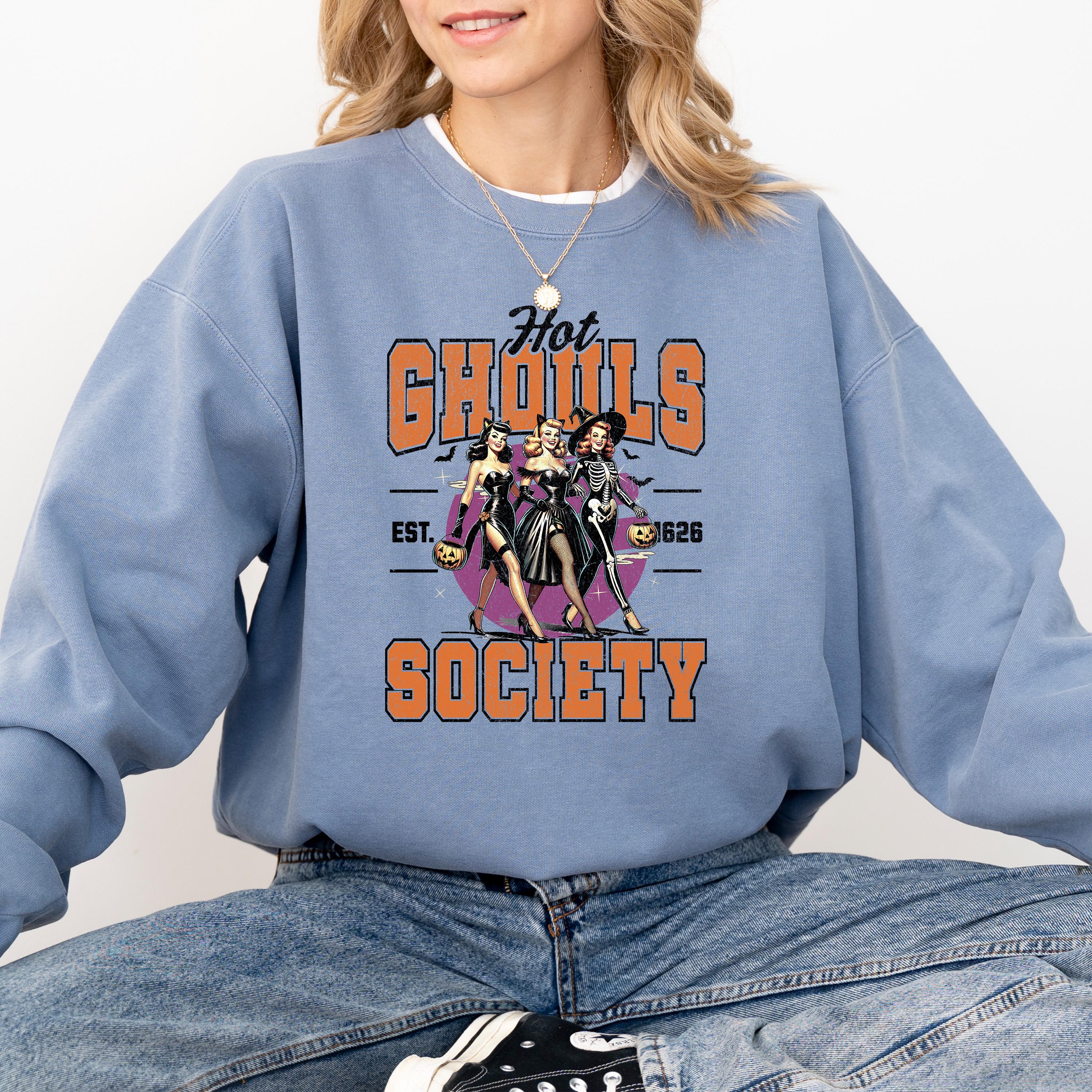 Hot Ghouls Society Comfort Colors Sweatshirt, DTG Printed Design, Fall Jack O Lantern Pumpkin, Autumn Sweater, Spooky Ghost Crewneck