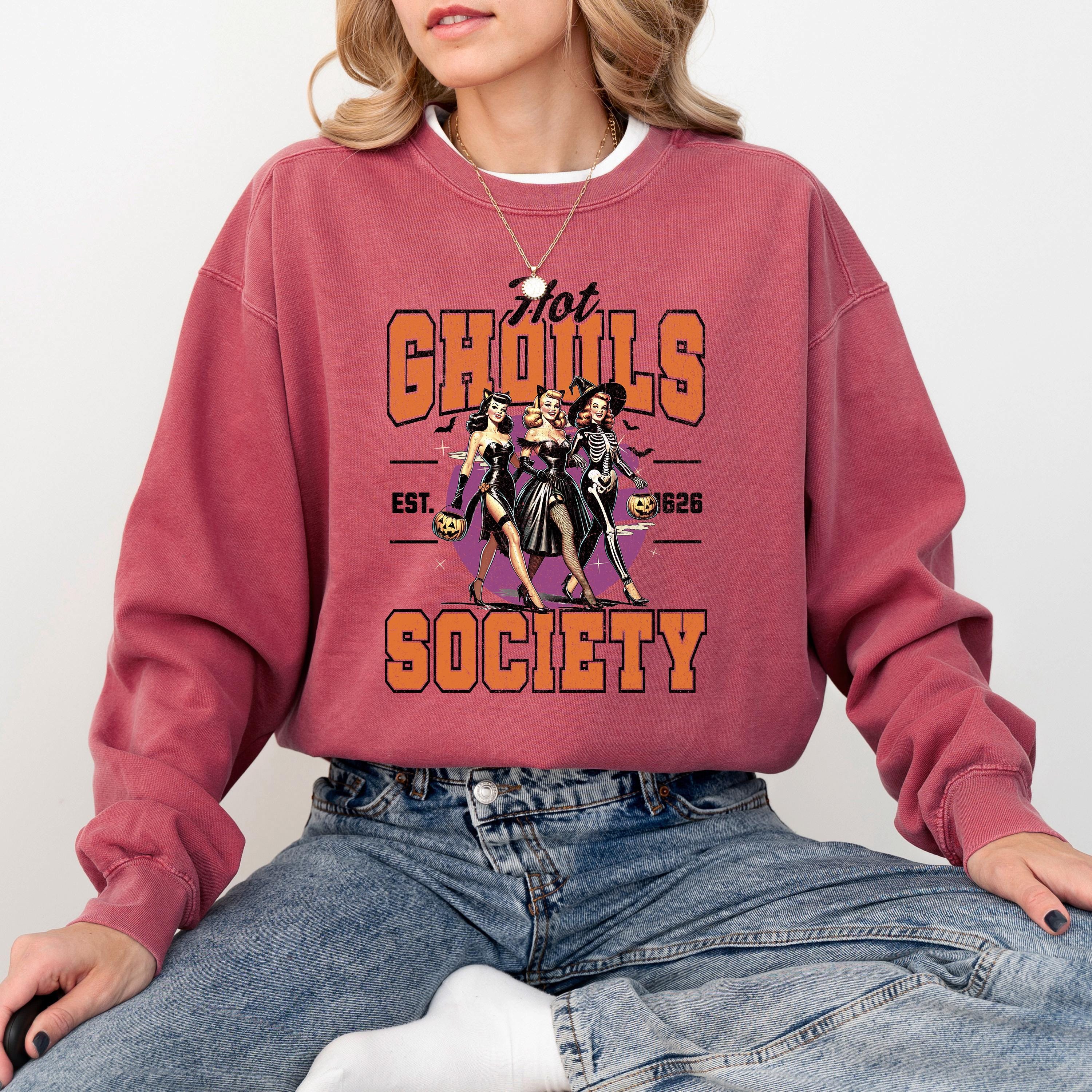 Hot Ghouls Society Comfort Colors Sweatshirt, DTG Printed Design, Fall Jack O Lantern Pumpkin, Autumn Sweater, Spooky Ghost Crewneck
