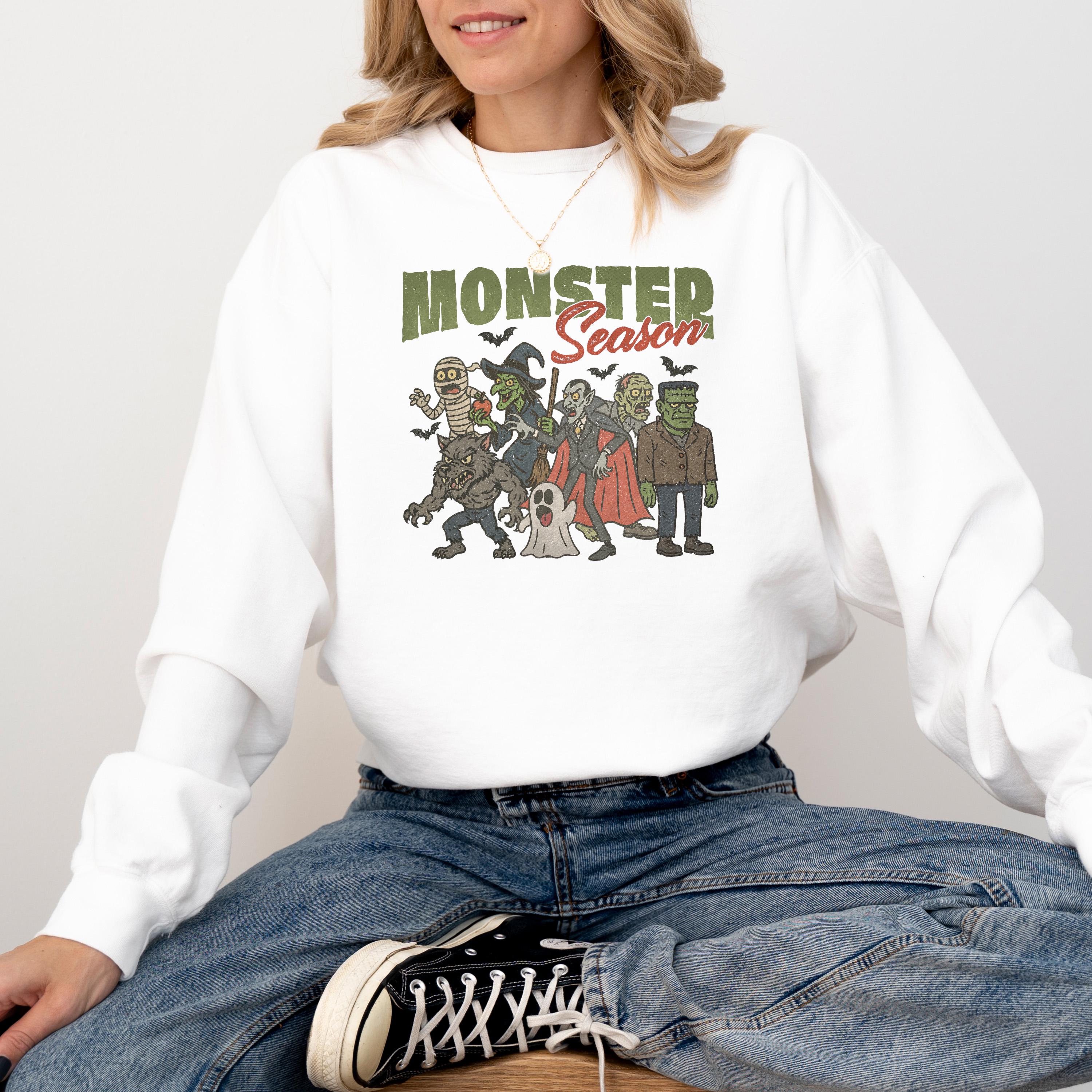 Monster Season Comfort Colors Sweatshirt, Witch DTG Design, Fall Pumpkin, Autumn Sweater, Black Cat Crewneck, Mummy Monster Pullover