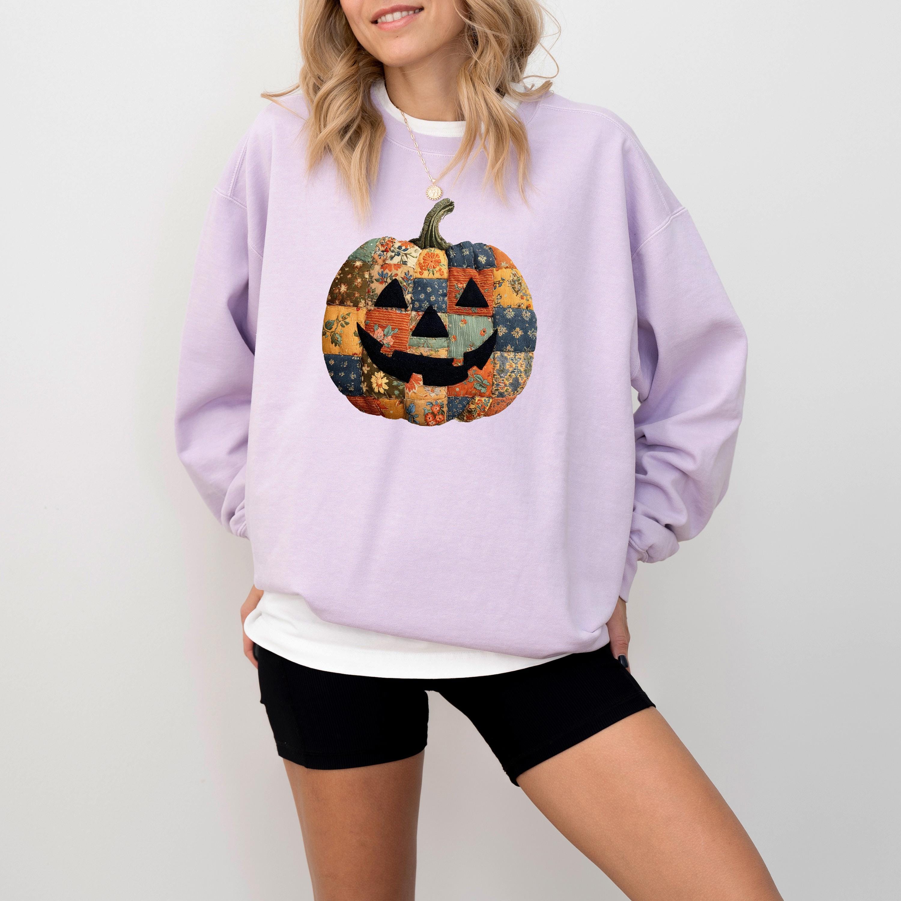 Faux Patchwork Jack O Lantern Design, Comfort Colors Sweatshirt, Cozy Vintage Inspired, Fall Pumpkin, Autumn Sweater, Happy Halloween Shirt