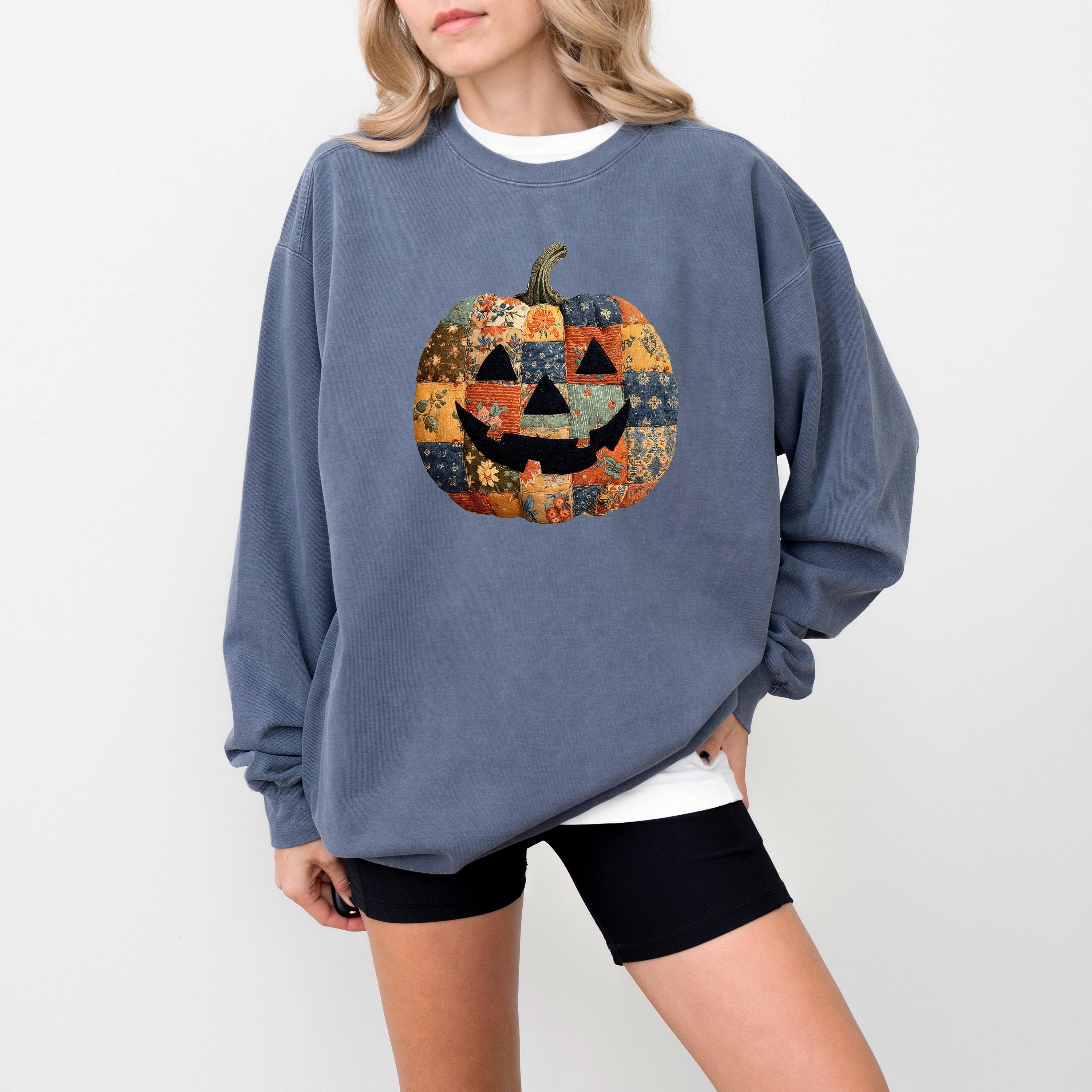Faux Patchwork Jack O Lantern Design, Comfort Colors Sweatshirt, Cozy Vintage Inspired, Fall Pumpkin, Autumn Sweater, Happy Halloween Shirt