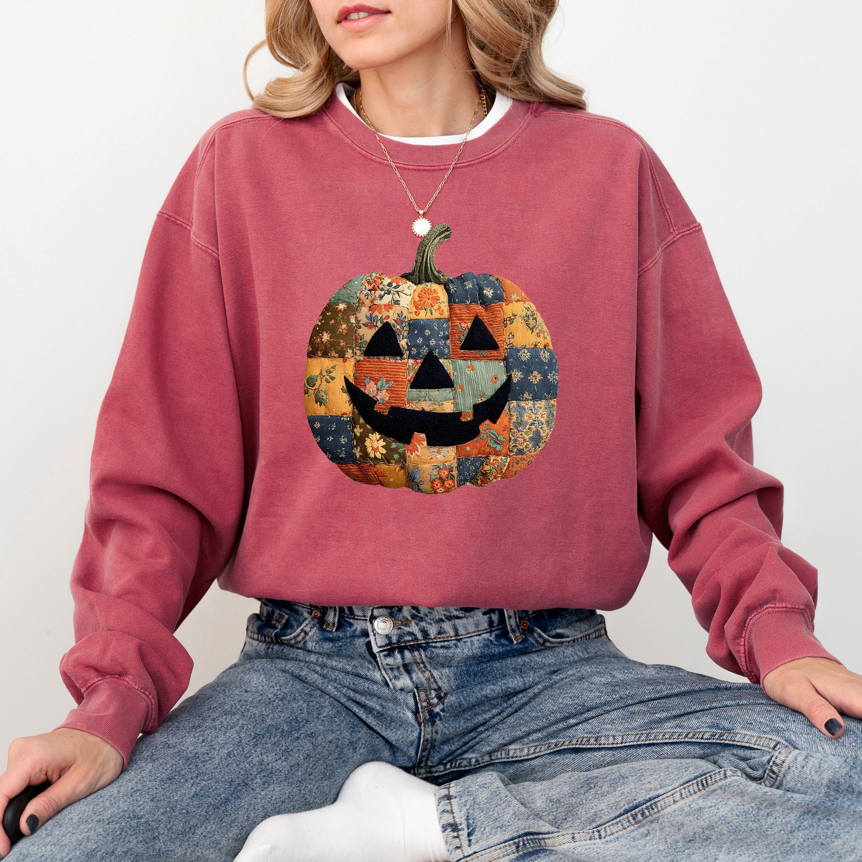 Faux Patchwork Jack O Lantern Design, Comfort Colors Sweatshirt, Cozy Vintage Inspired, Fall Pumpkin, Autumn Sweater, Happy Halloween Shirt
