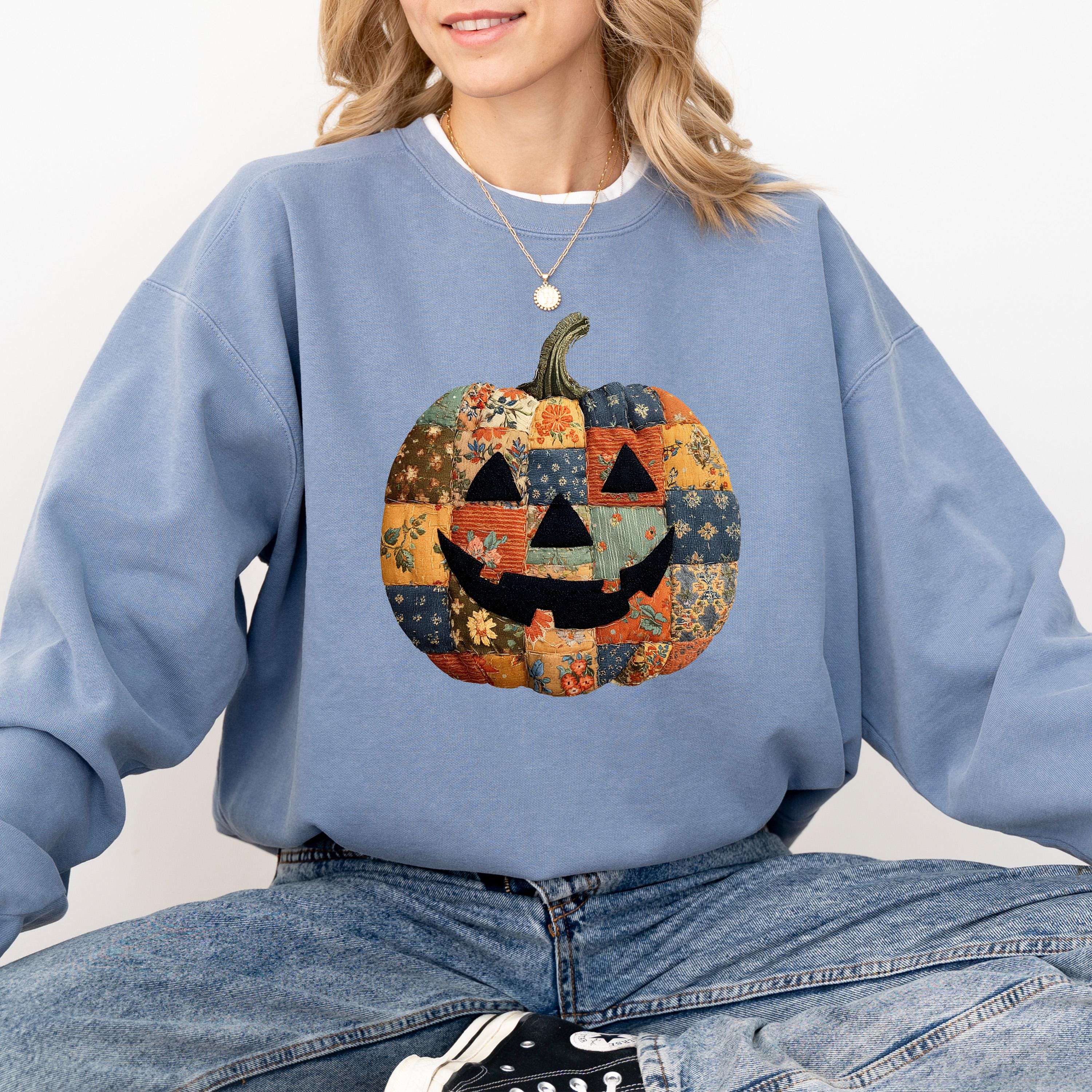 Faux Patchwork Jack O Lantern Design, Comfort Colors Sweatshirt, Cozy Vintage Inspired, Fall Pumpkin, Autumn Sweater, Happy Halloween Shirt