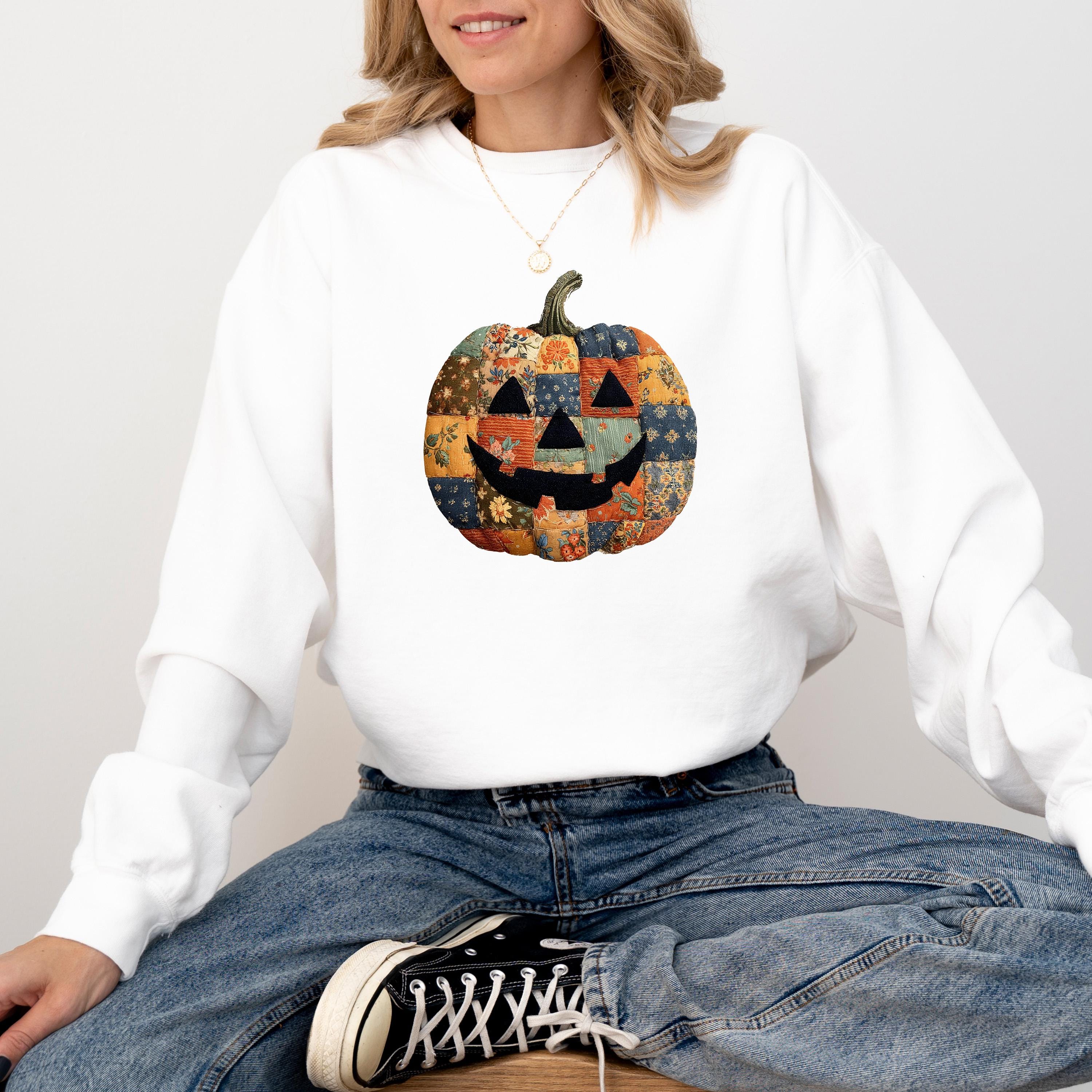 Faux Patchwork Jack O Lantern Design, Comfort Colors Sweatshirt, Cozy Vintage Inspired, Fall Pumpkin, Autumn Sweater, Happy Halloween Shirt