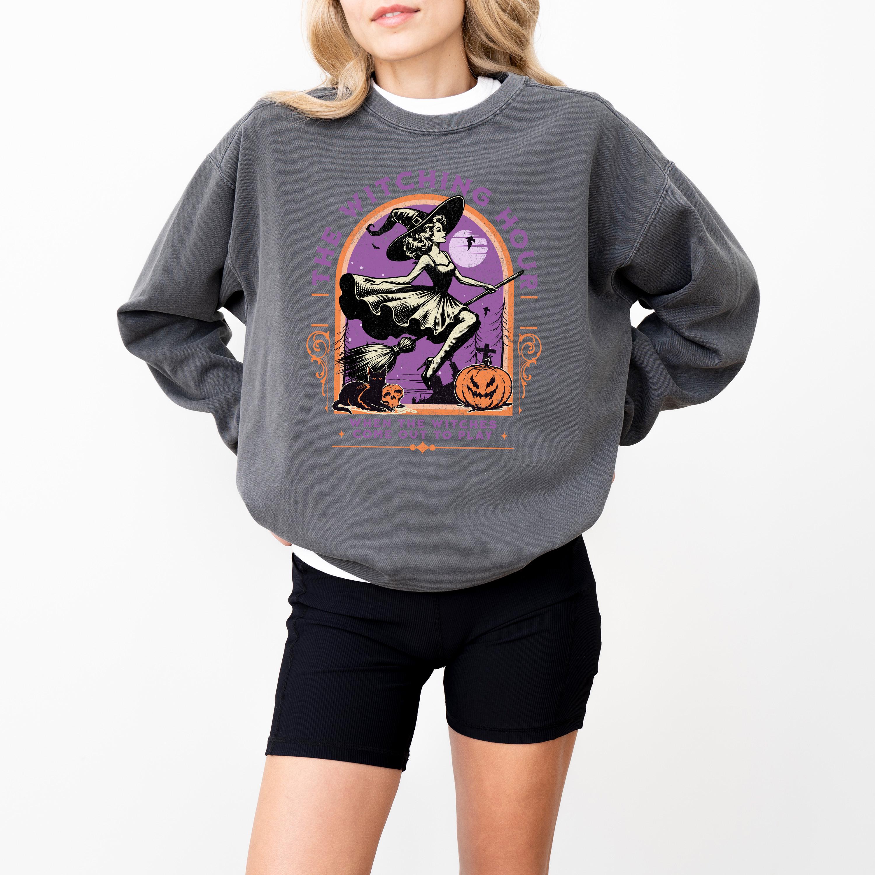 The Witching Hour Comfort Colors Sweatshirt, Witch Design, Fall Pumpkin, Autumn Sweater, Pumpkin Design, Spooky Black Cat Crew Neck,