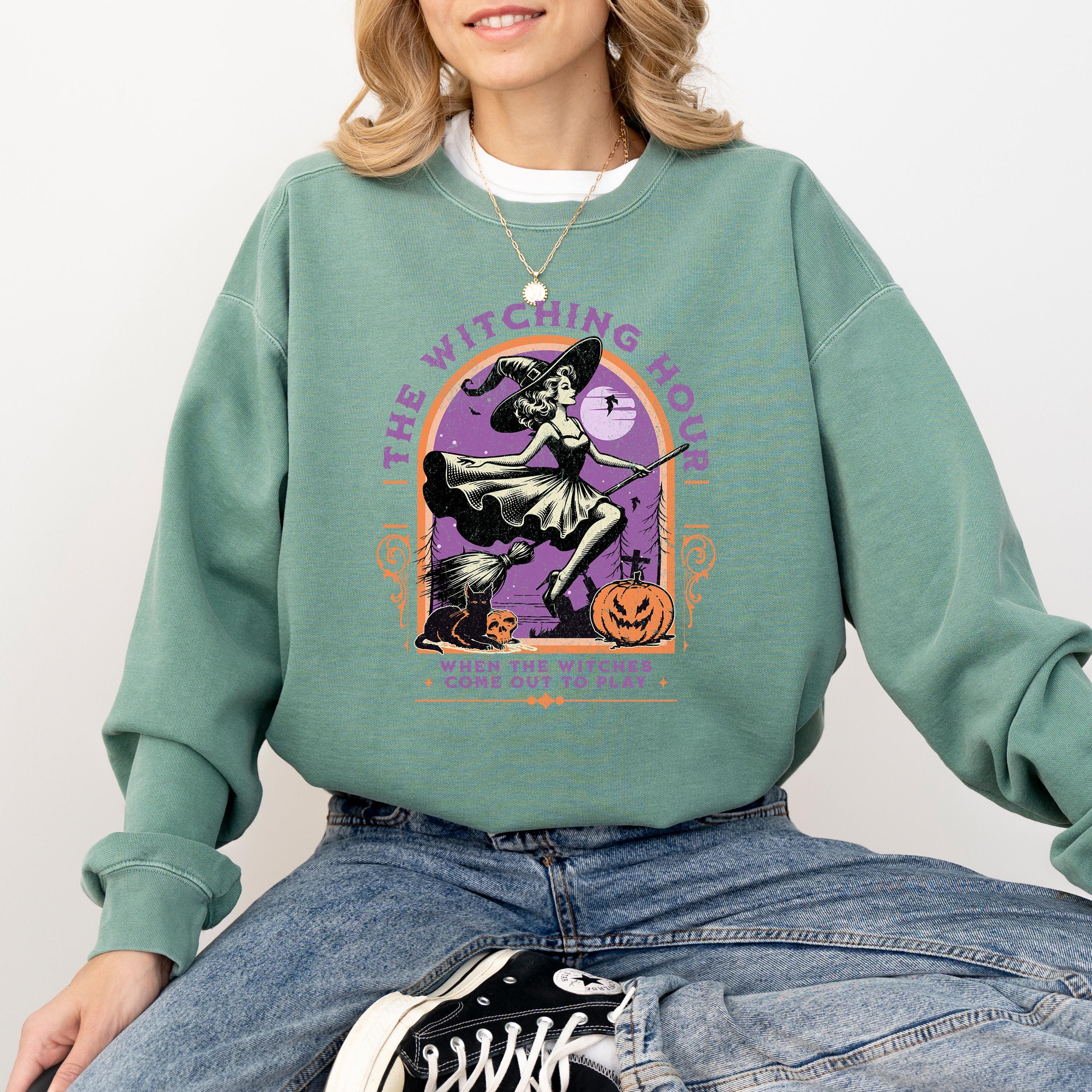 The Witching Hour Comfort Colors Sweatshirt, Witch Design, Fall Pumpkin, Autumn Sweater, Pumpkin Design, Spooky Black Cat Crew Neck,
