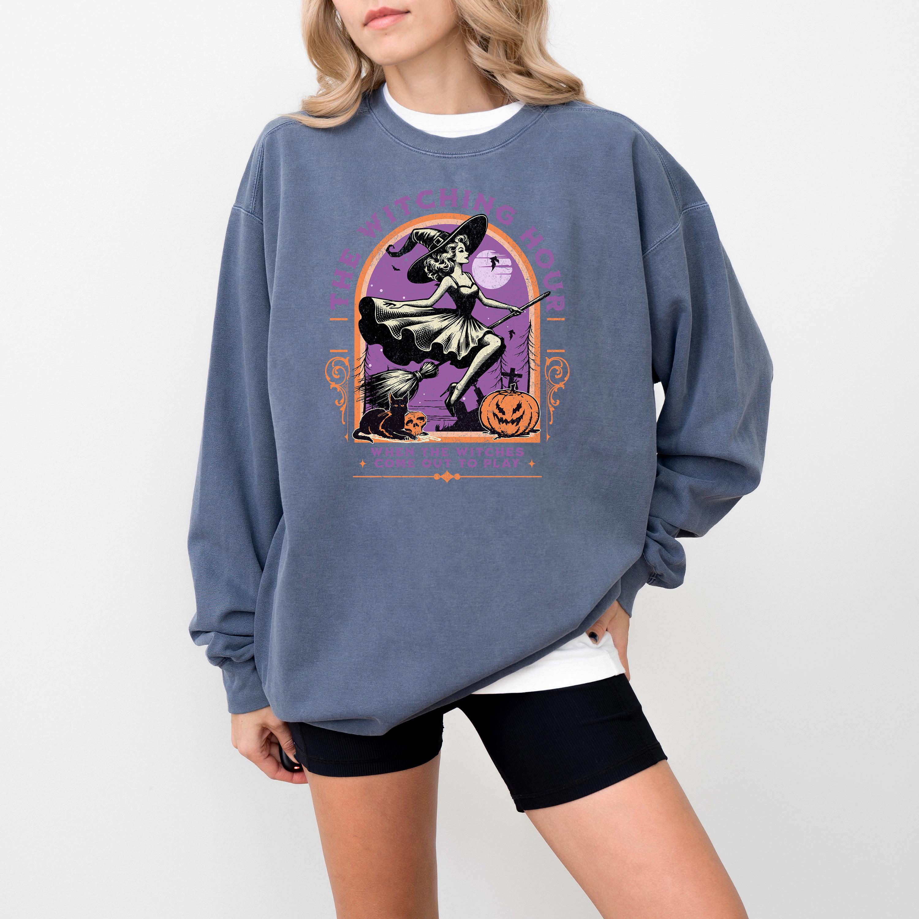 The Witching Hour Comfort Colors Sweatshirt, Witch Design, Fall Pumpkin, Autumn Sweater, Pumpkin Design, Spooky Black Cat Crew Neck,