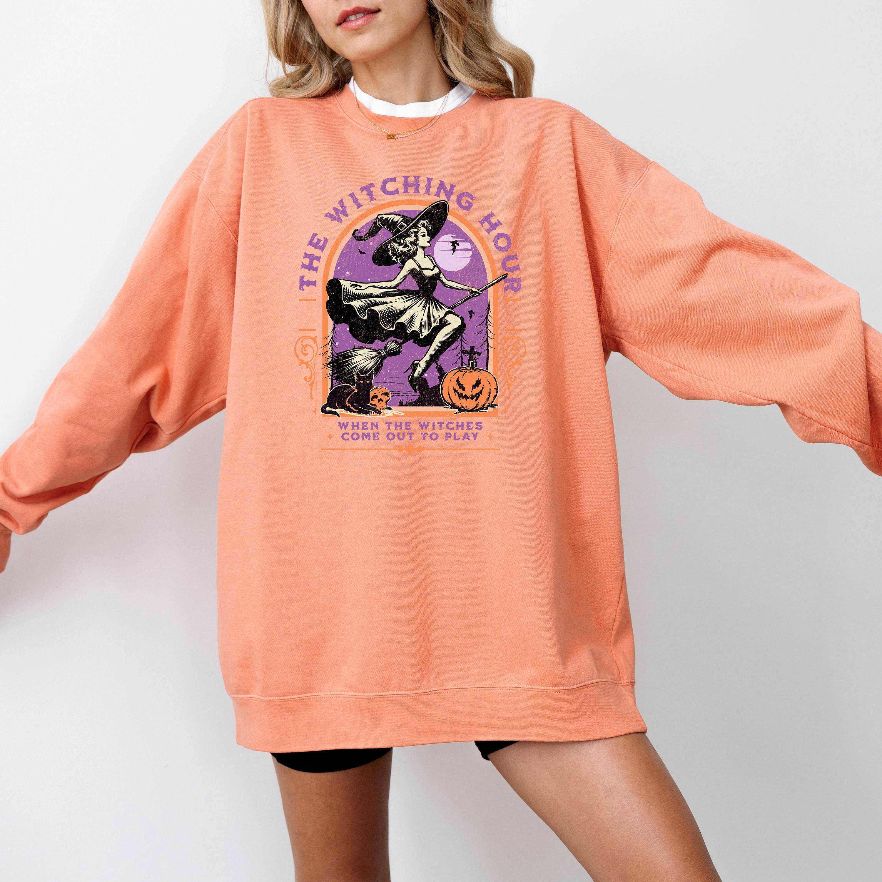 The Witching Hour Comfort Colors Sweatshirt, Witch Design, Fall Pumpkin, Autumn Sweater, Pumpkin Design, Spooky Black Cat Crew Neck,