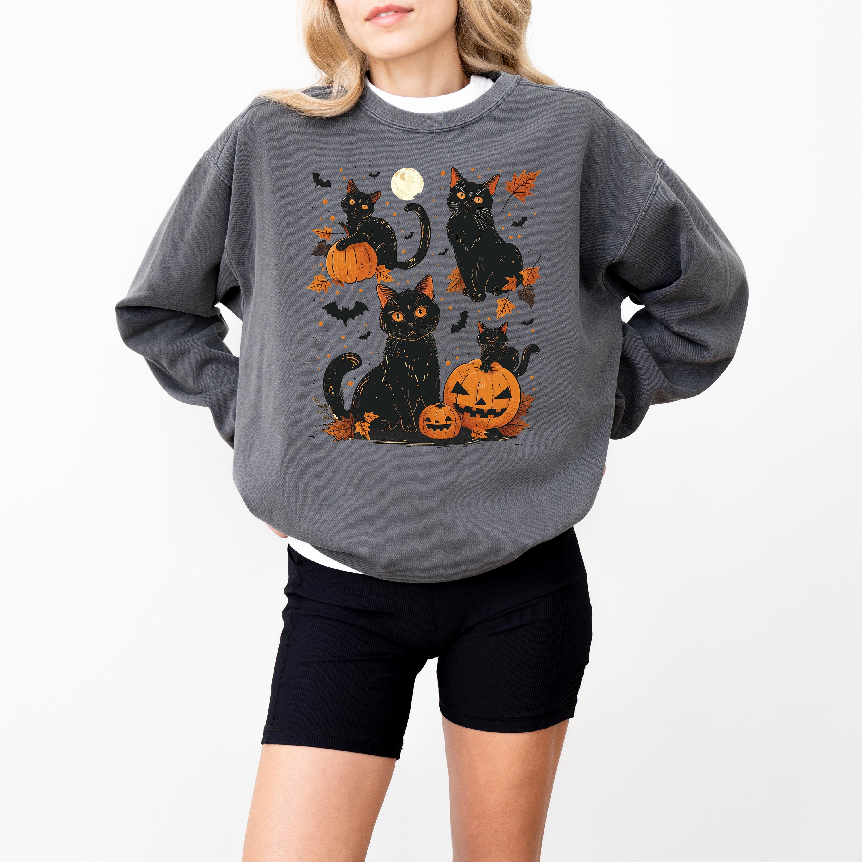 Retro Halloween Comfort Colors Sweatshirt, Black Cat Fall DTG Design, Fall Jack O' Lantern Pumpkin, Autumn Sweater, Black Cat Crewneck