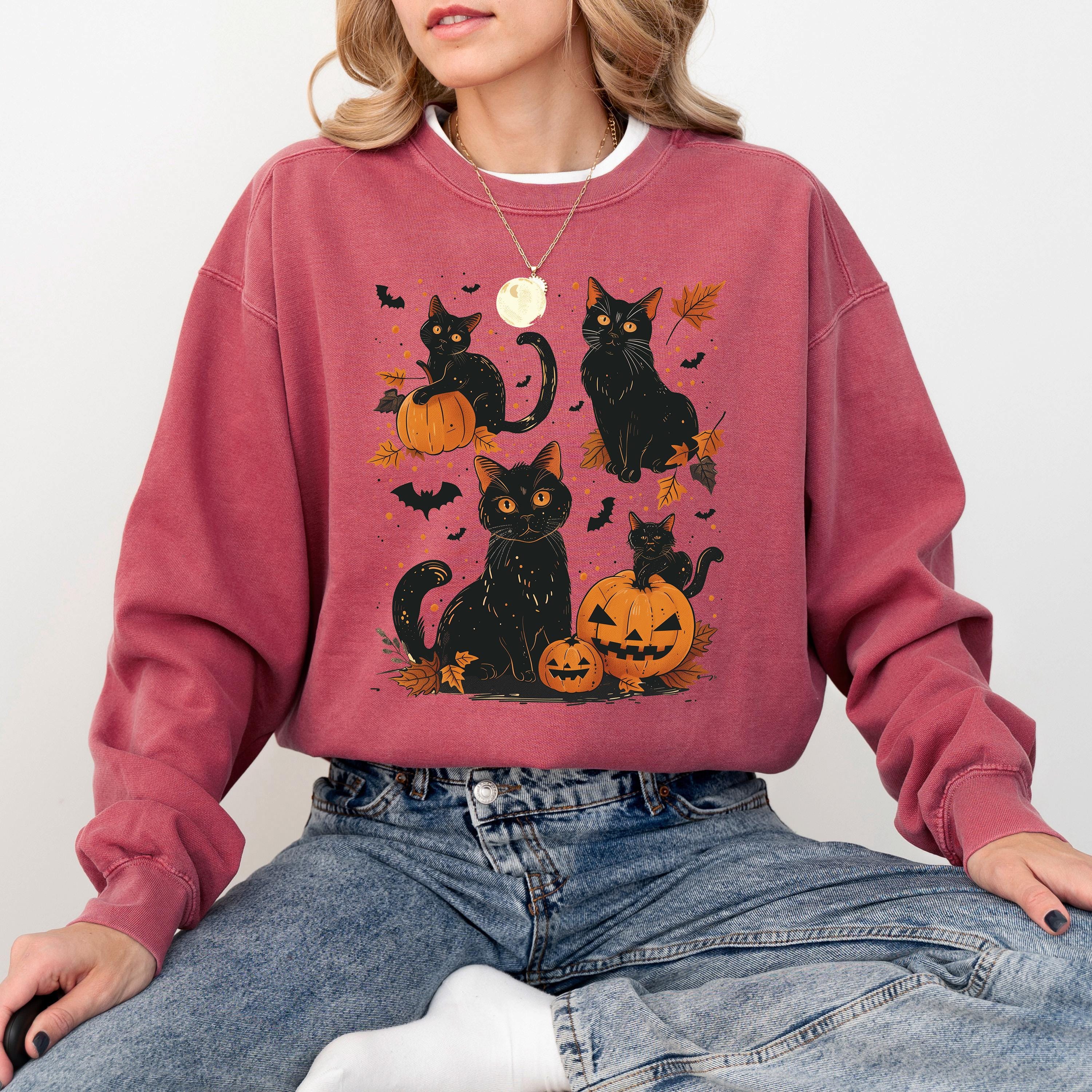 Retro Halloween Comfort Colors Sweatshirt, Black Cat Fall DTG Design, Fall Jack O' Lantern Pumpkin, Autumn Sweater, Black Cat Crewneck