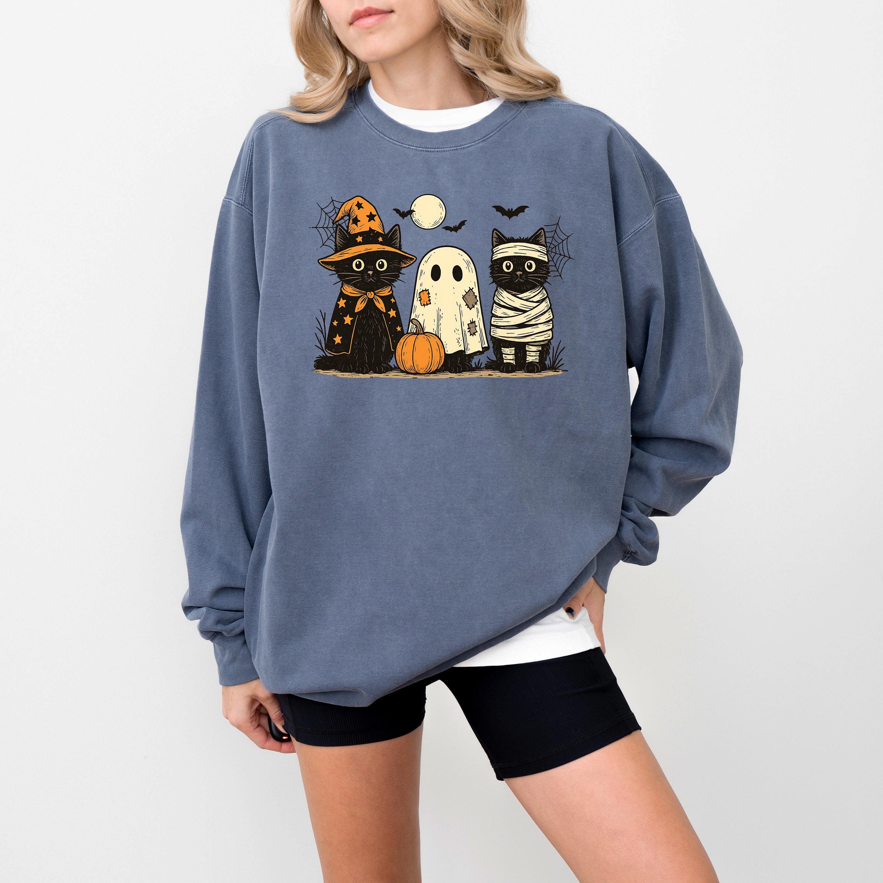 Cute Cat Halloween Comfort Colors Sweatshirt, Black Cat Fall DTG Design, Fall Jack O' Lantern Pumpkin, Autumn Sweater, Witch Ghost Crewneck