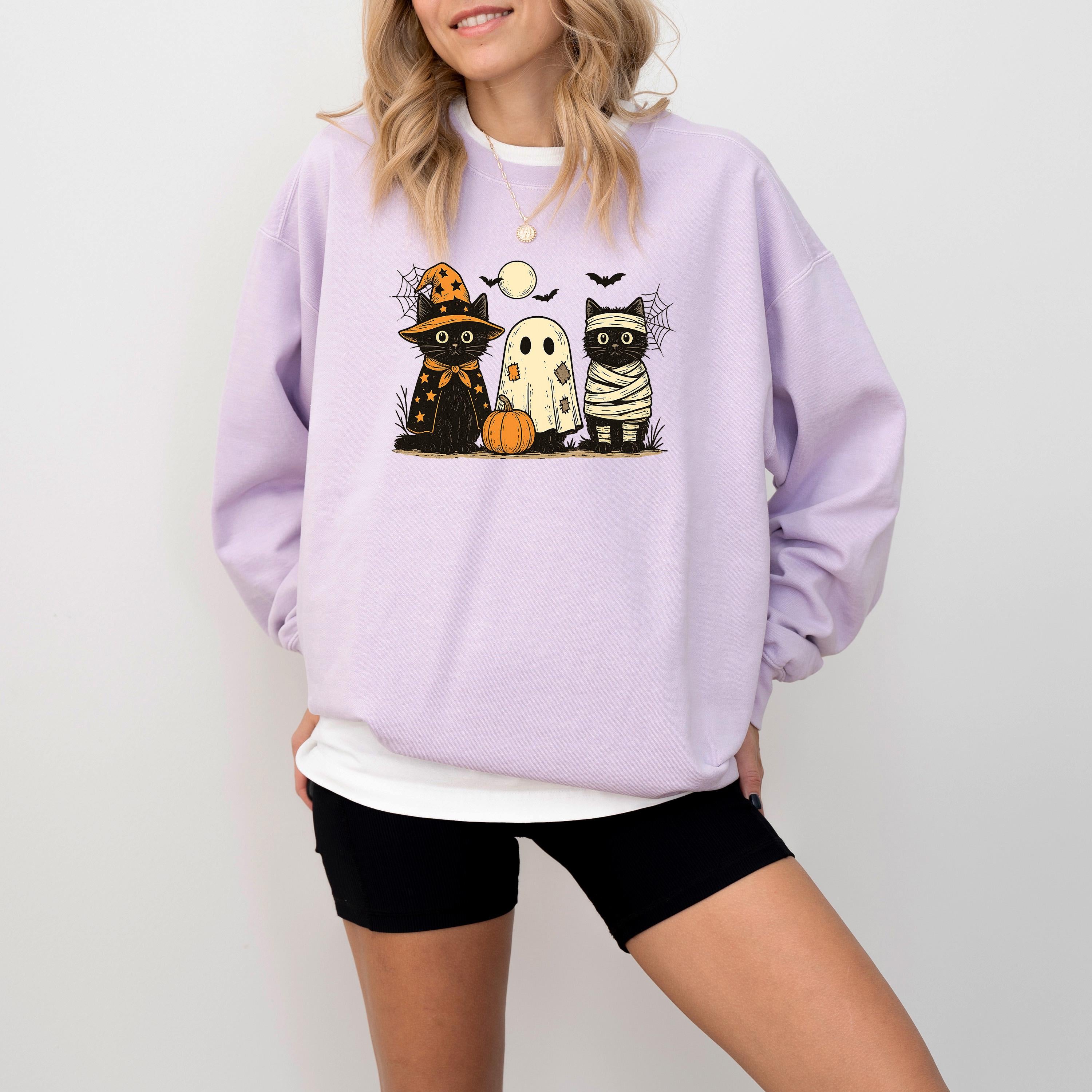 Cute Cat Halloween Comfort Colors Sweatshirt, Black Cat Fall DTG Design, Fall Jack O' Lantern Pumpkin, Autumn Sweater, Witch Ghost Crewneck