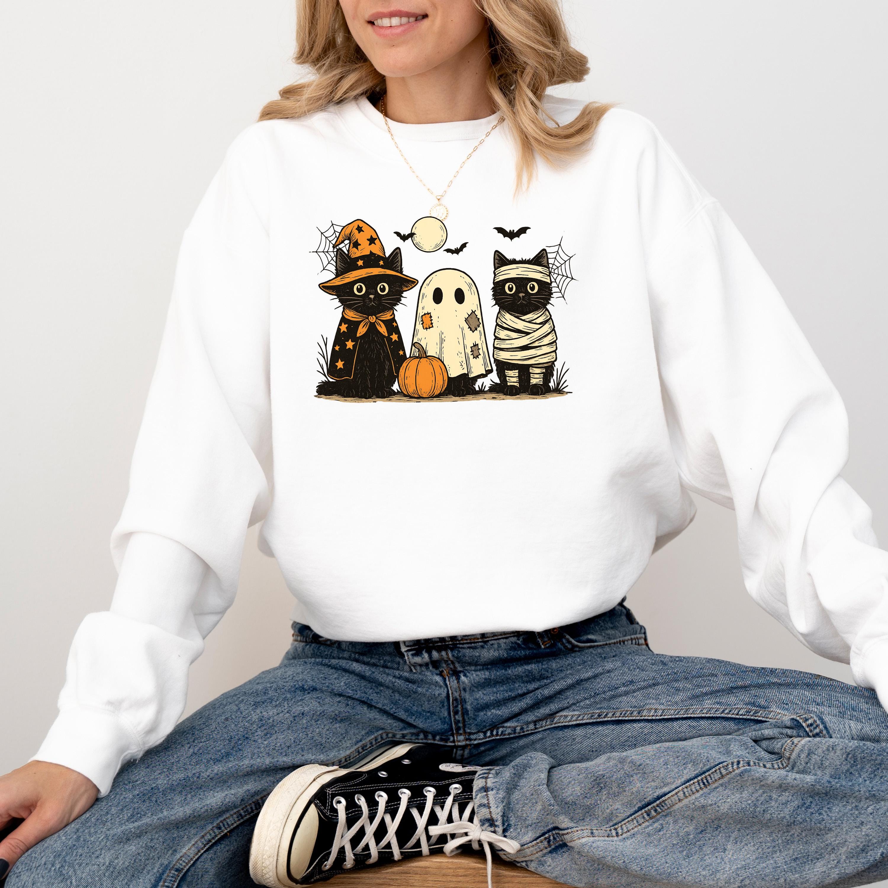 Cute Cat Halloween Comfort Colors Sweatshirt, Black Cat Fall DTG Design, Fall Jack O' Lantern Pumpkin, Autumn Sweater, Witch Ghost Crewneck