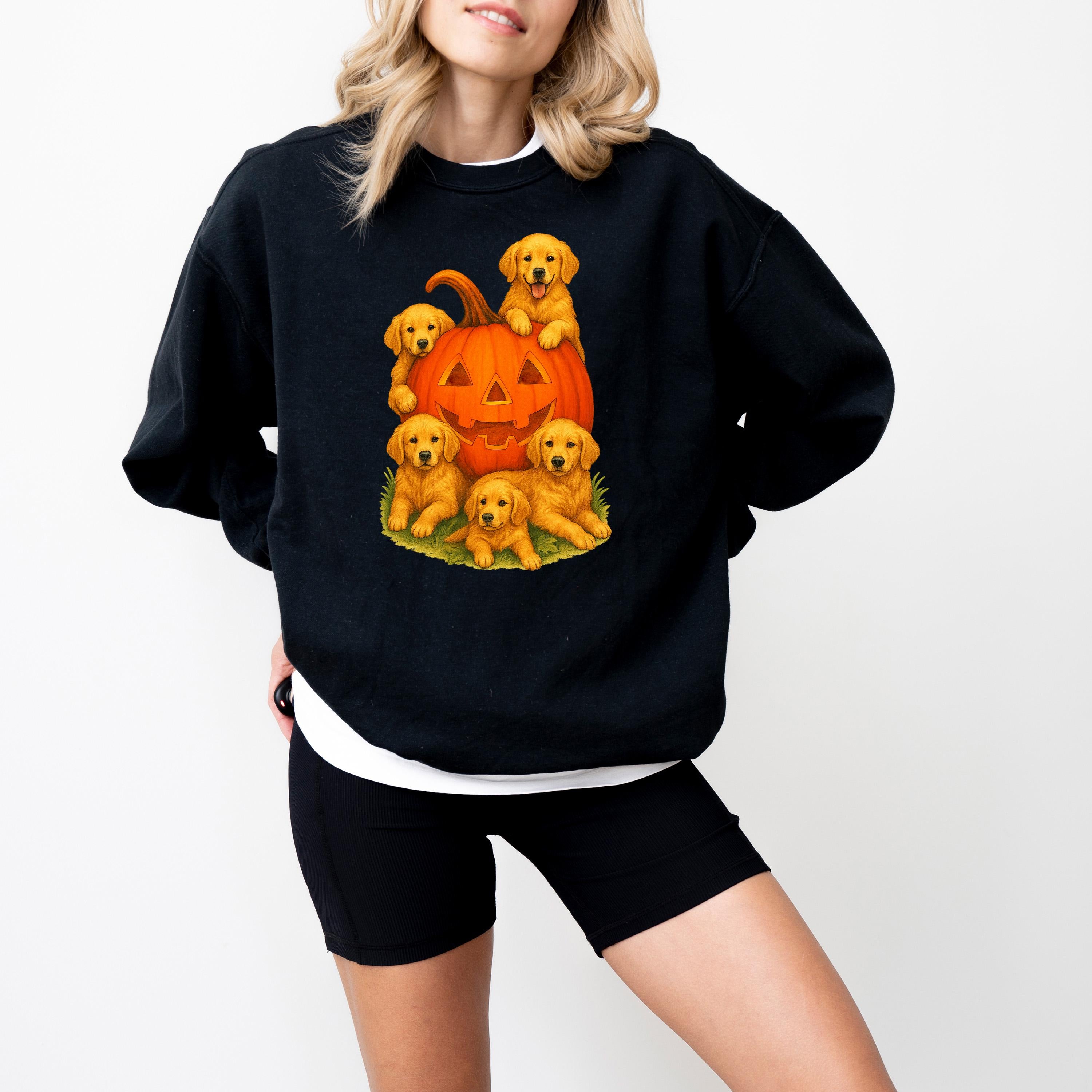 Retro Golden Retriever Halloween Comfort Colors Sweatshirt, Fall DTG Design, Jack O' Lantern Pumpkin, Autumn Sweater, 90's Vintage Crewneck