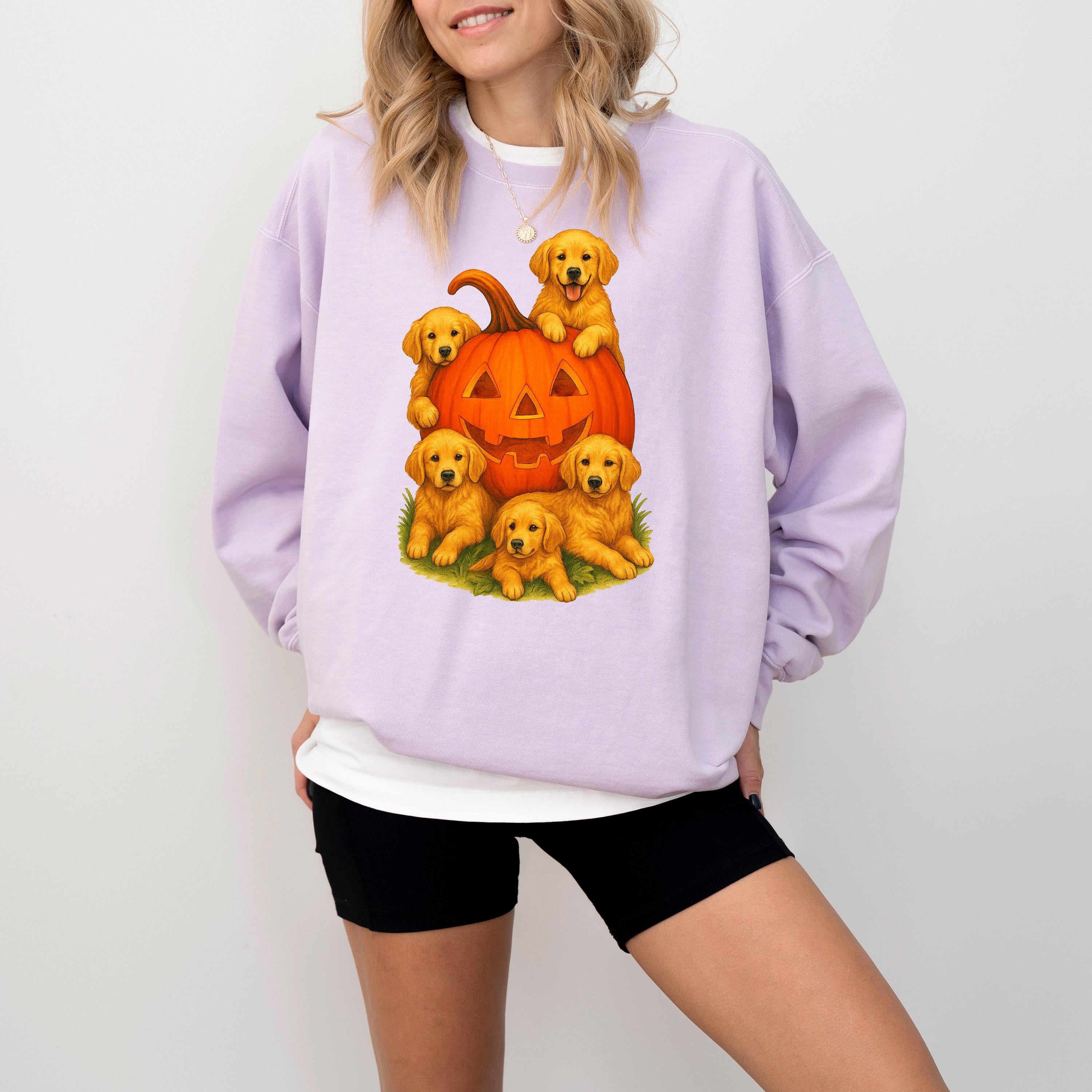 Retro Golden Retriever Halloween Comfort Colors Sweatshirt, Fall DTG Design, Jack O' Lantern Pumpkin, Autumn Sweater, 90's Vintage Crewneck