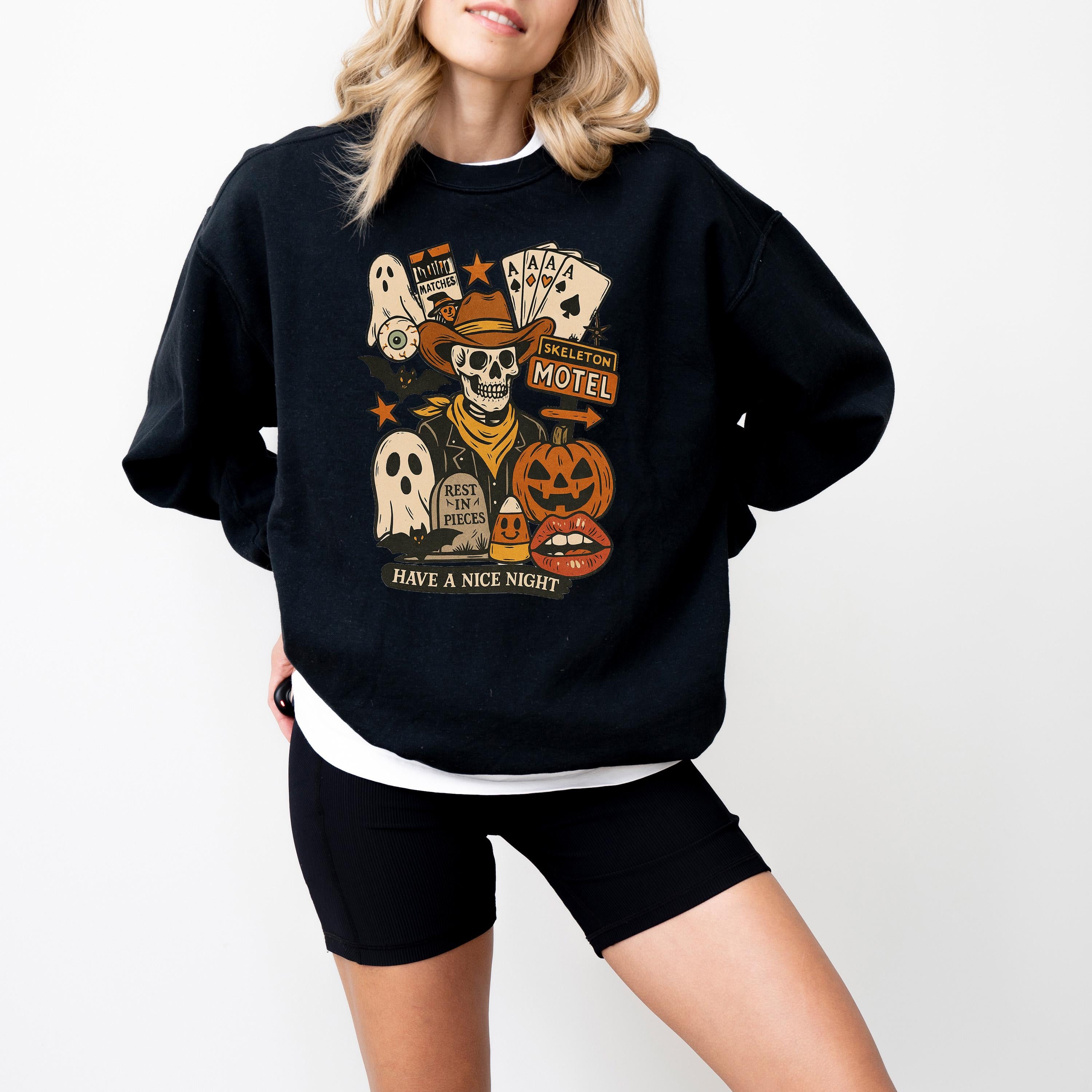 Western Halloween Comfort Colors Sweatshirt, Fall DTG Design, Jack O' Lantern Pumpkin, Autumn Sweater, Cowboy Skeleton Motel Crewneck
