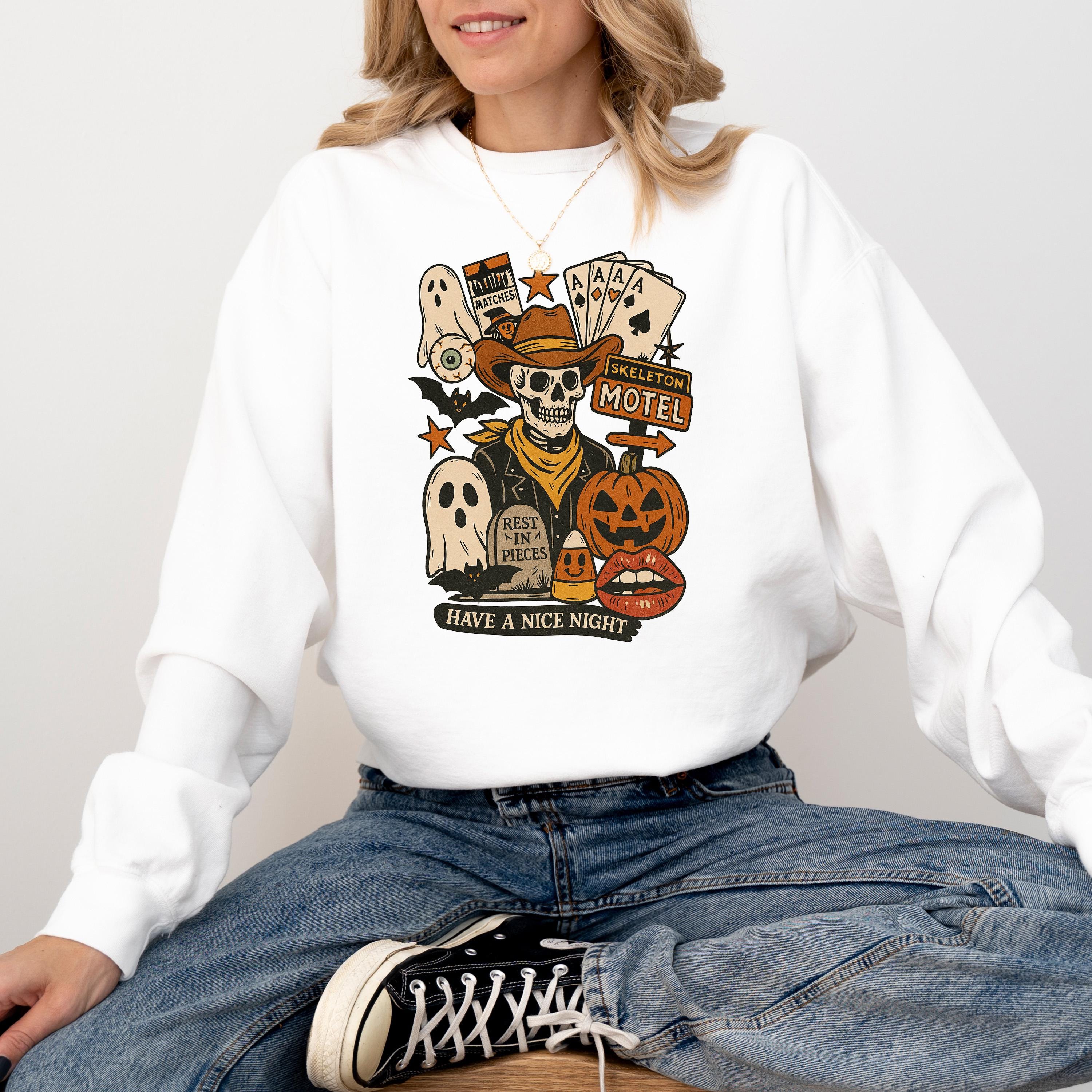Western Halloween Comfort Colors Sweatshirt, Fall DTG Design, Jack O' Lantern Pumpkin, Autumn Sweater, Cowboy Skeleton Motel Crewneck