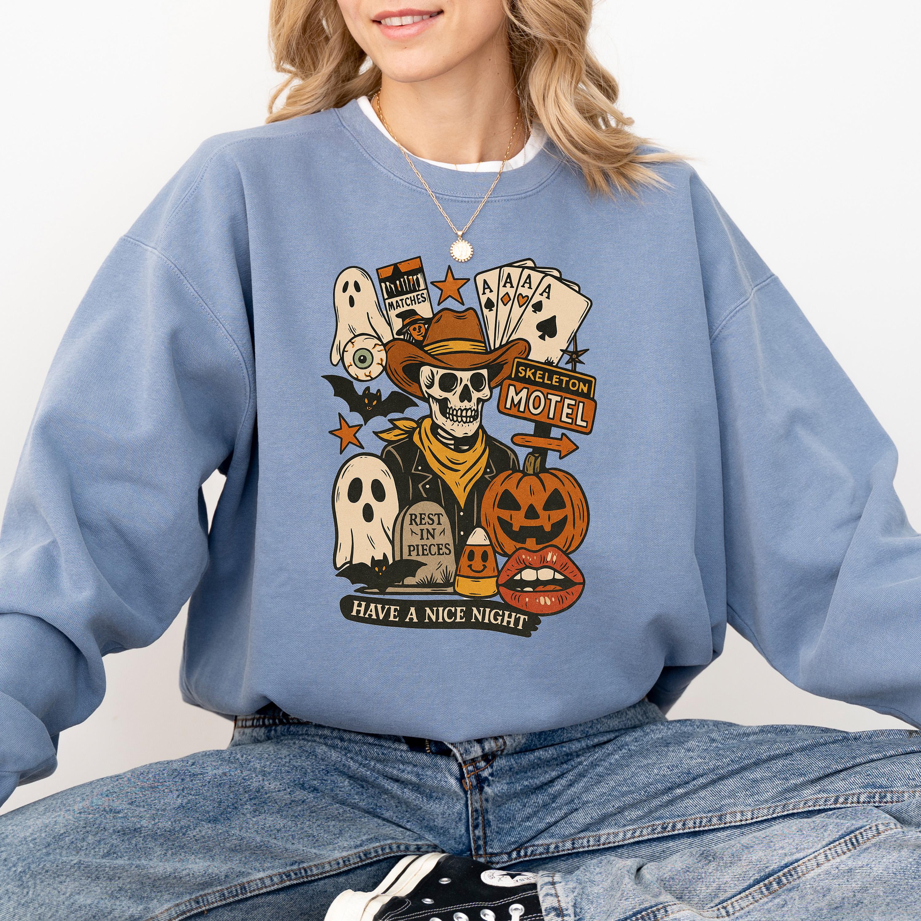 Western Halloween Comfort Colors Sweatshirt, Fall DTG Design, Jack O' Lantern Pumpkin, Autumn Sweater, Cowboy Skeleton Motel Crewneck