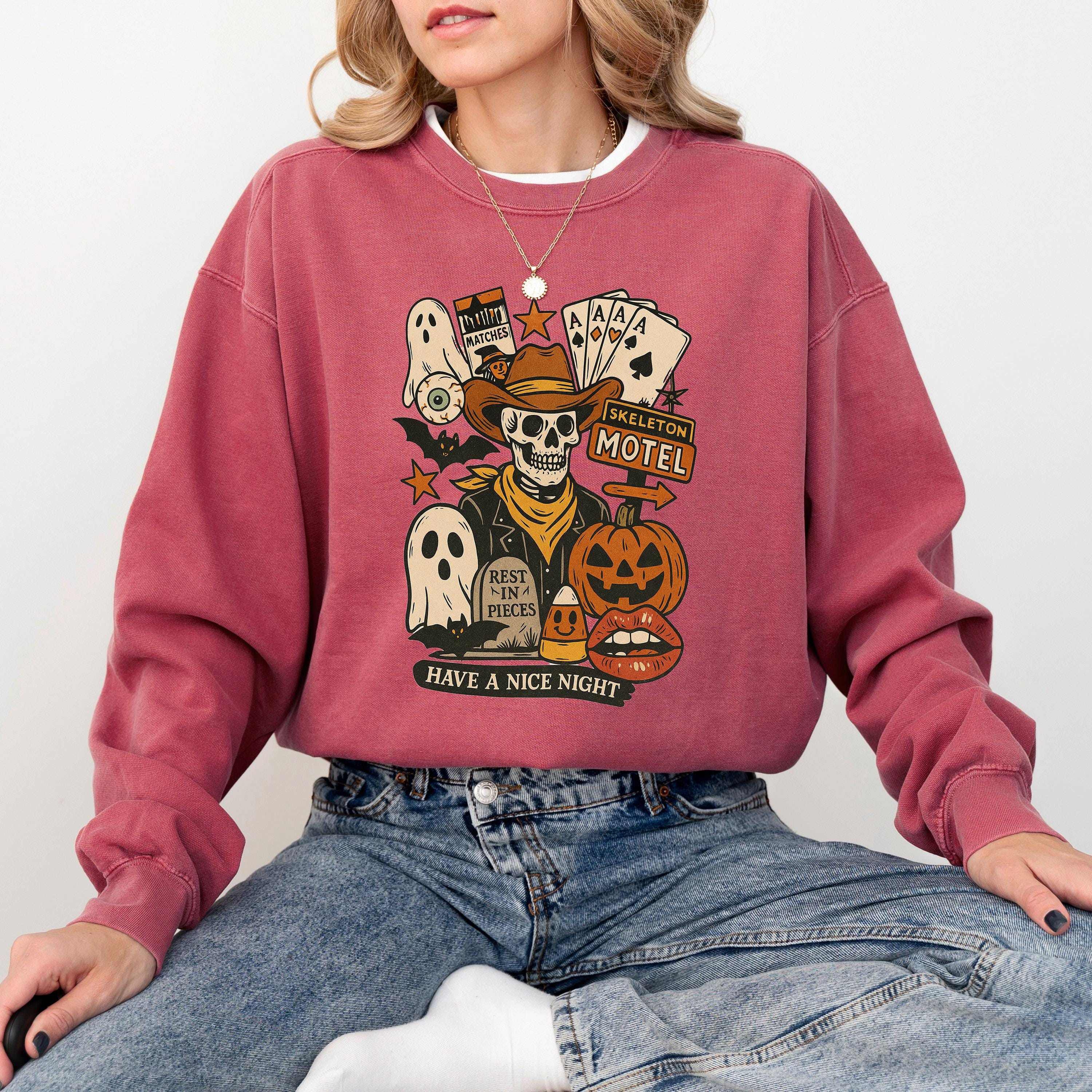 Western Halloween Comfort Colors Sweatshirt, Fall DTG Design, Jack O' Lantern Pumpkin, Autumn Sweater, Cowboy Skeleton Motel Crewneck