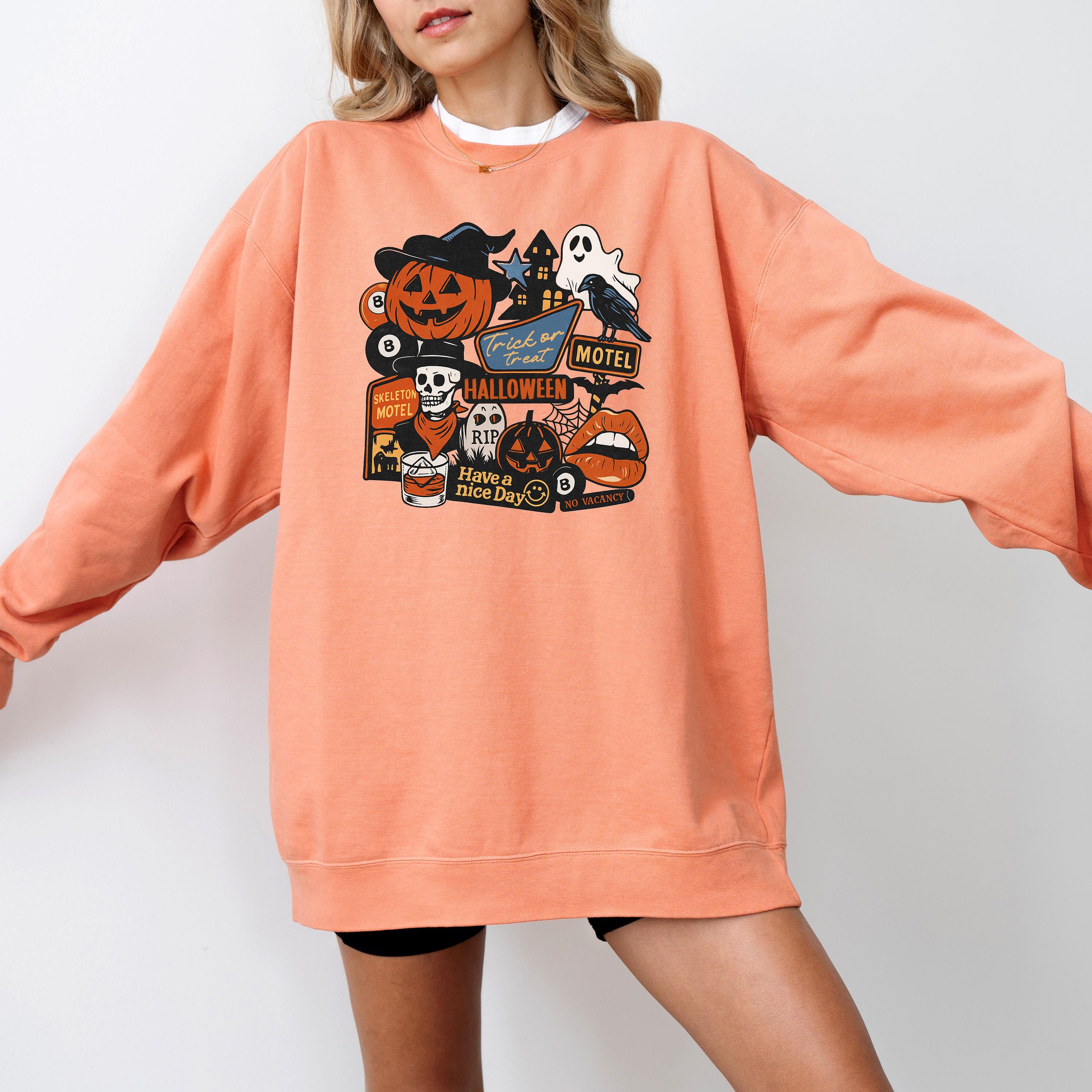 Trick or Treat Halloween Comfort Colors Sweatshirt, Fall DTG Design, Jack O' Lantern, Autumn, Spooky Crewneck, Pumpkin Spice, Witch Sweater