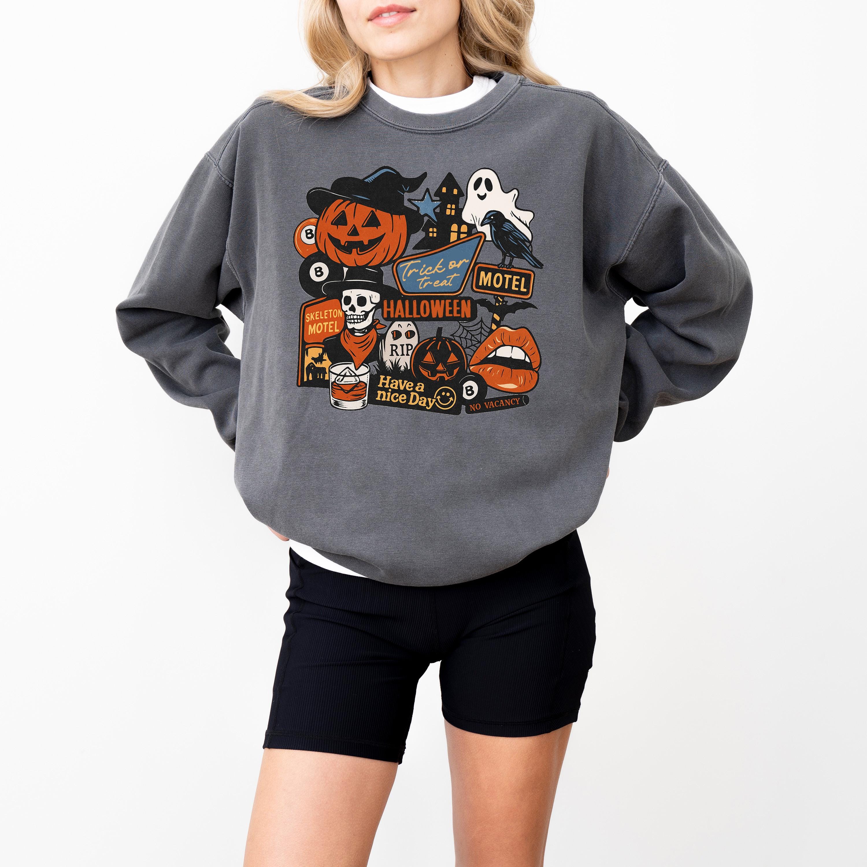 Trick or Treat Halloween Comfort Colors Sweatshirt, Fall DTG Design, Jack O' Lantern, Autumn, Spooky Crewneck, Pumpkin Spice, Witch Sweater
