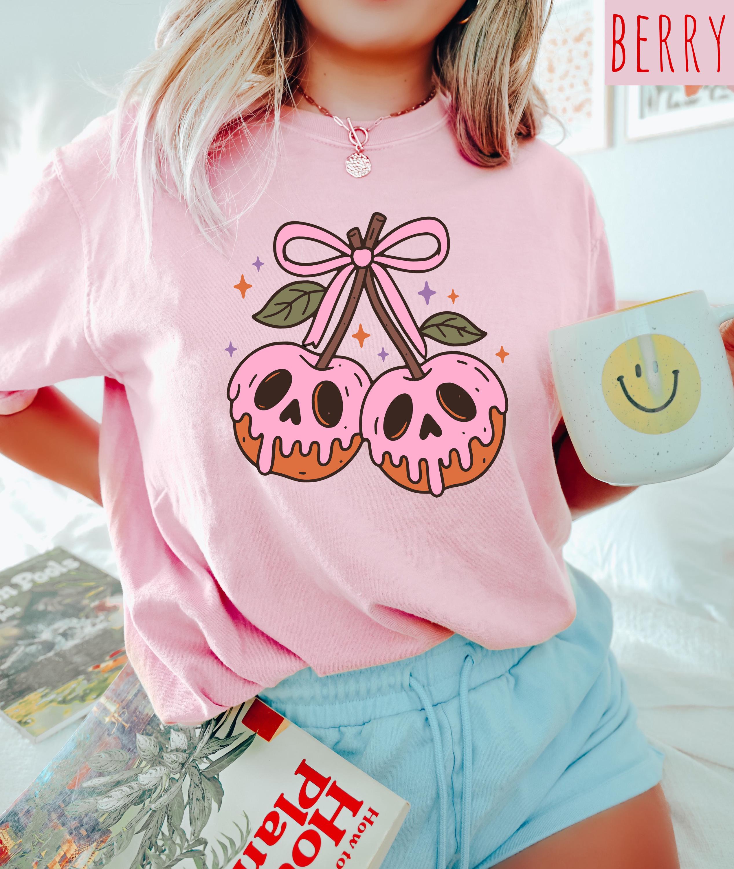 Pink Cherries Halloween Comfort Colors Shirt, Skull Design, Retro Pumpkin Fall T-Shirt, Boxy Tee, Unisex, Fall Cat Deign, Autumn T,
