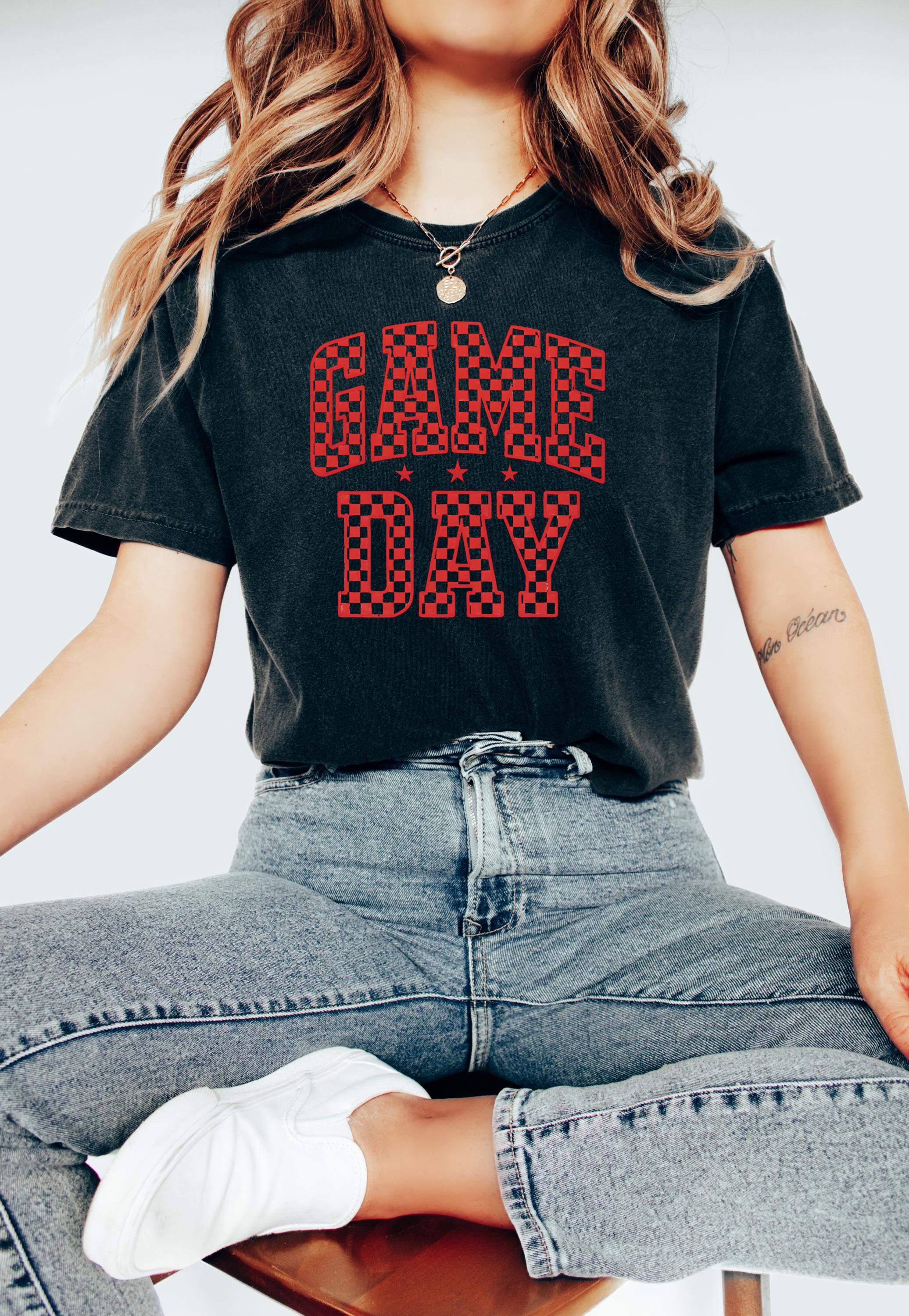 Red Checkered Game Day Comfort Colors Shirt, Football Team Shirt, Vintage Shirt, Football Shirt, Retro Fall Shirt, Fall Tee