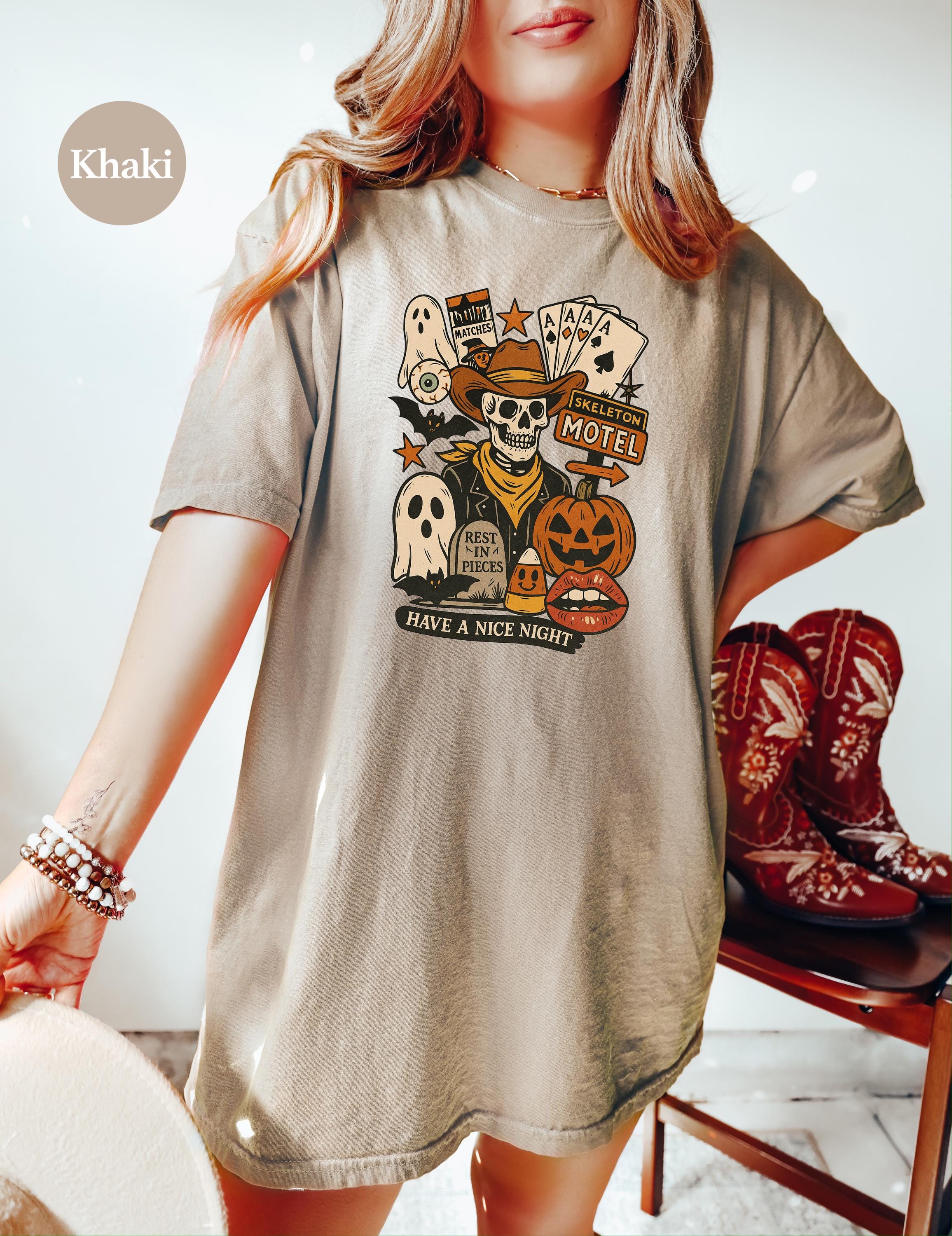 Skeleton Motel Halloween Comfort Colors Shirt, Creep it Real Shirt, Spooky Shirt, Retro Fall TShirt, Boxy Tee, Unisex Autumn T