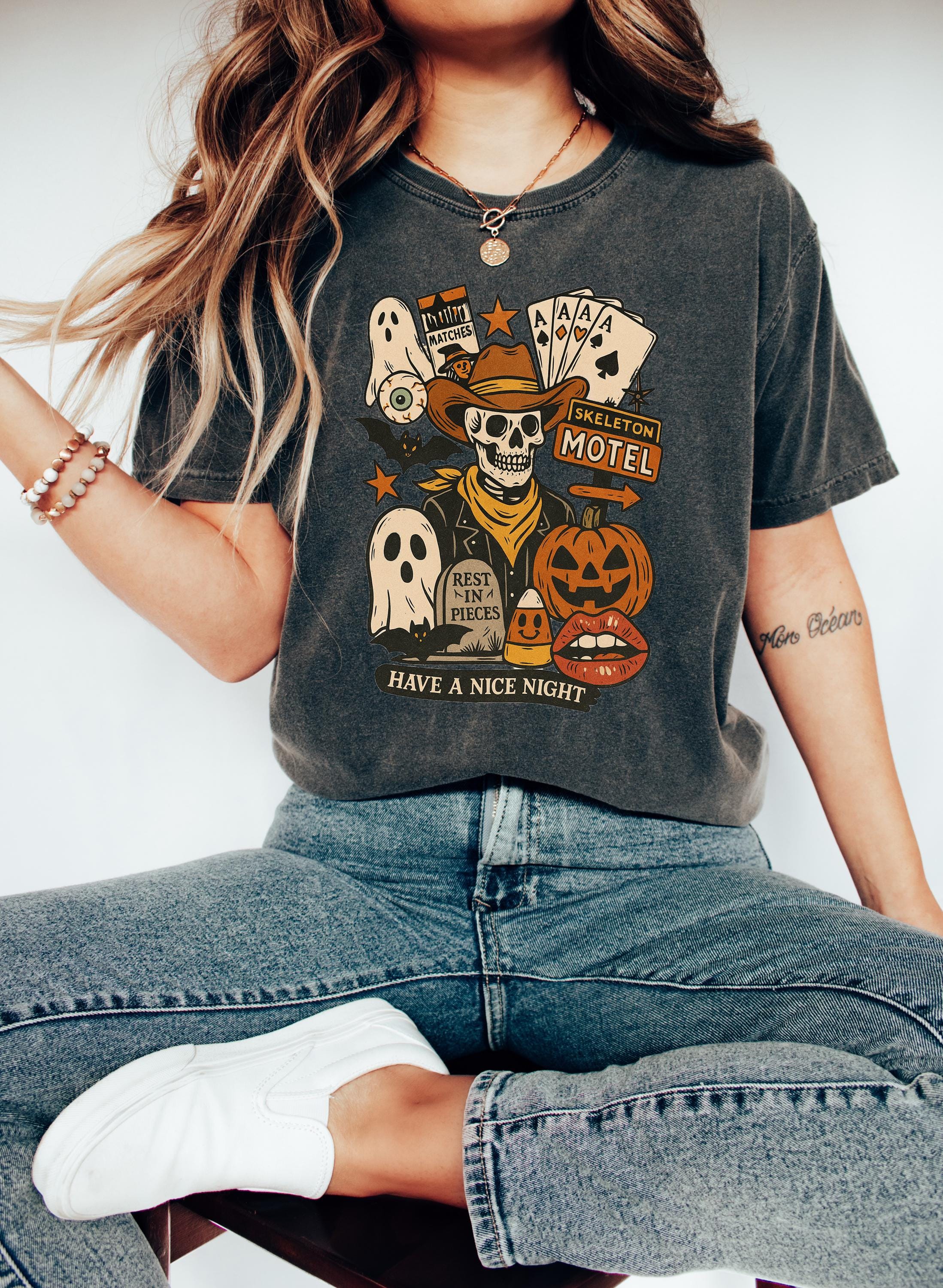 Skeleton Motel Halloween Comfort Colors Shirt, Creep it Real Shirt, Spooky Shirt, Retro Fall TShirt, Boxy Tee, Unisex Autumn T
