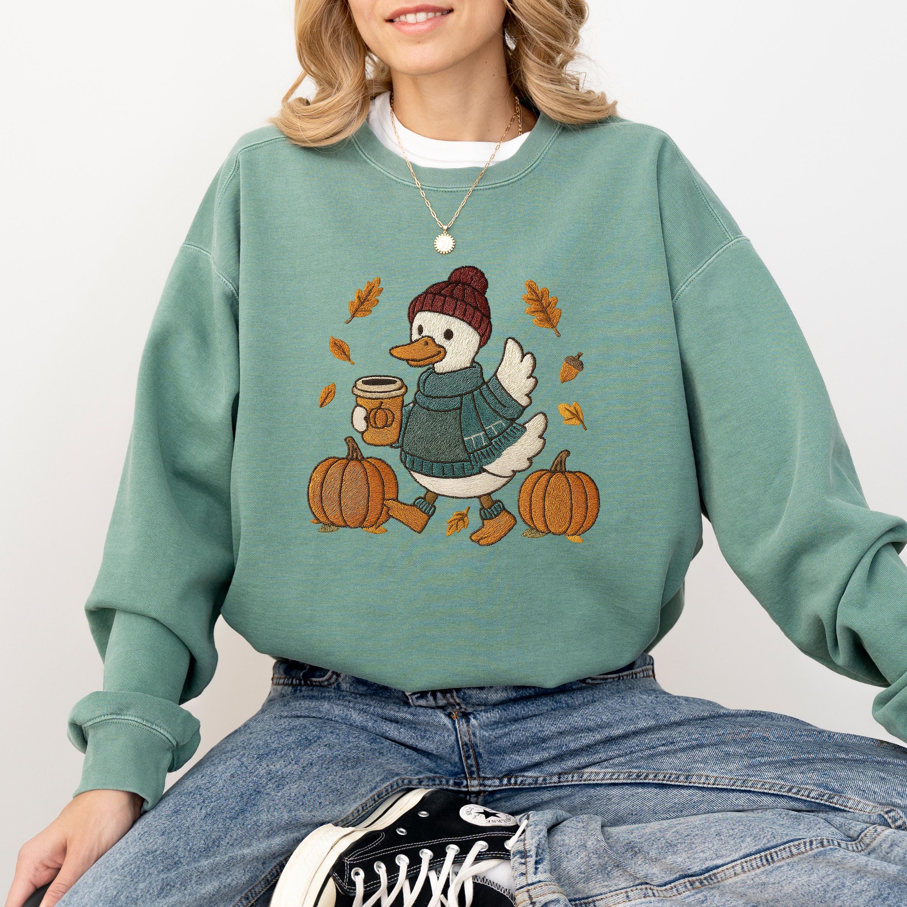 Fall Leaves Comfort Colors Sweatshirt, Faux Stitch Duck Design, DTG Printed Design, Fall Pumpkin, Autumn Sweater, Pumpkin Spice New Crewneck