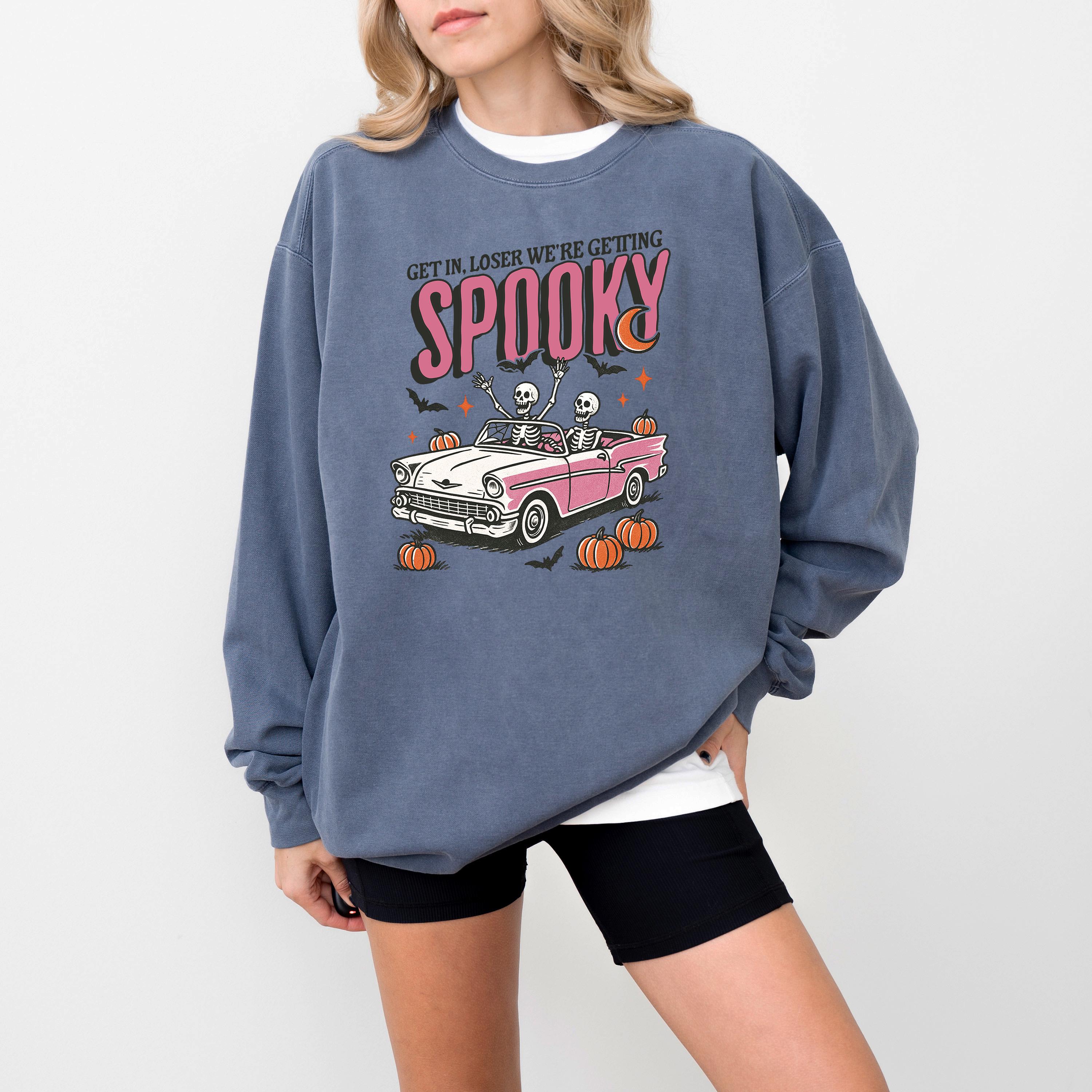 Get In Loser We're Getting Spooky Comfort Colors Sweatshirt, Skeleton DTG Printed Design, Fall Pumpkin, Autumn Sweater, Halloween Crewneck