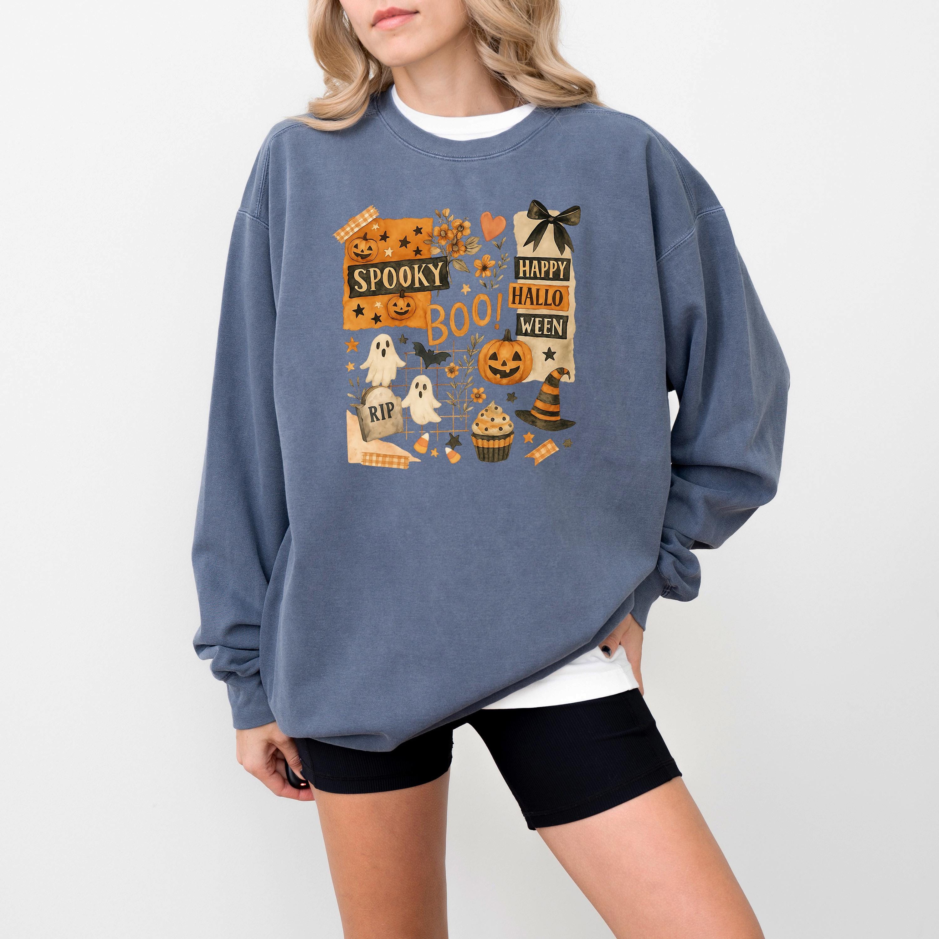 Happy Halloween Comfort Colors Sweatshirt, Skeleton DTG Printed Design, Fall Jack O Lantern Pumpkin, Autumn Sweater, Spooky Ghost Crewneck