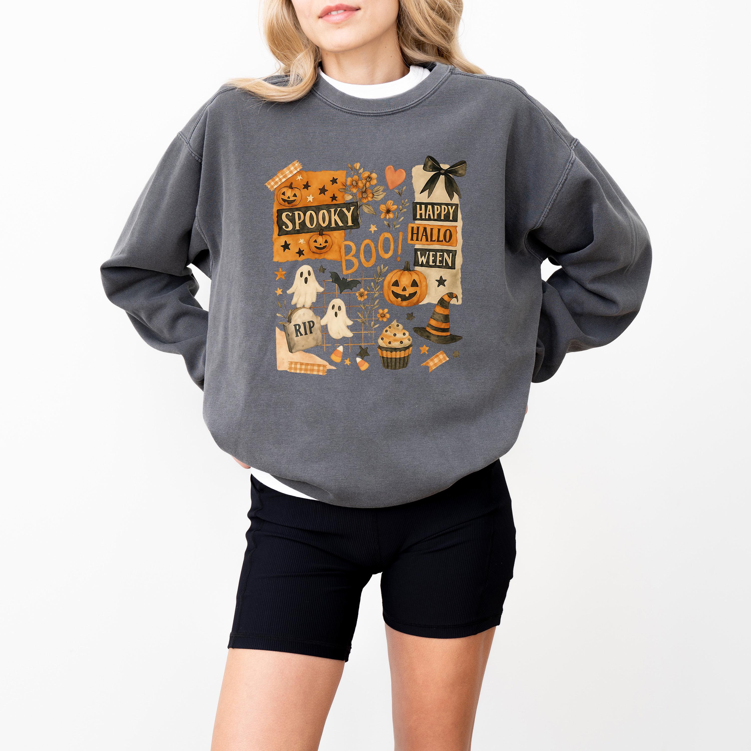 Happy Halloween Comfort Colors Sweatshirt, Skeleton DTG Printed Design, Fall Jack O Lantern Pumpkin, Autumn Sweater, Spooky Ghost Crewneck