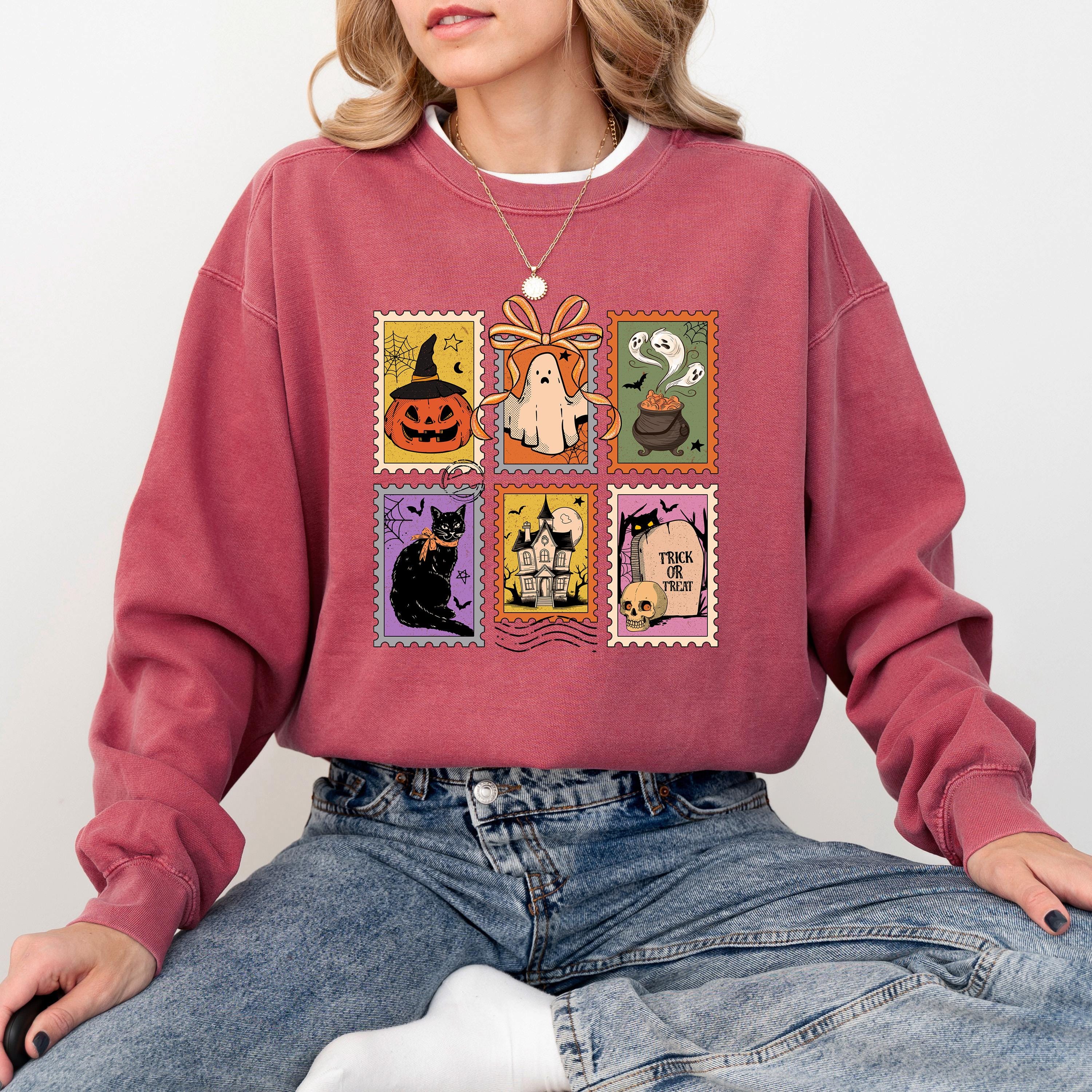 Halloween Stamp Design Comfort Colors Sweatshirt, Witches Brew DTG Design, Fall Jack O Lantern Pumpkin, Autumn Sweater, Black Cat Crewneck