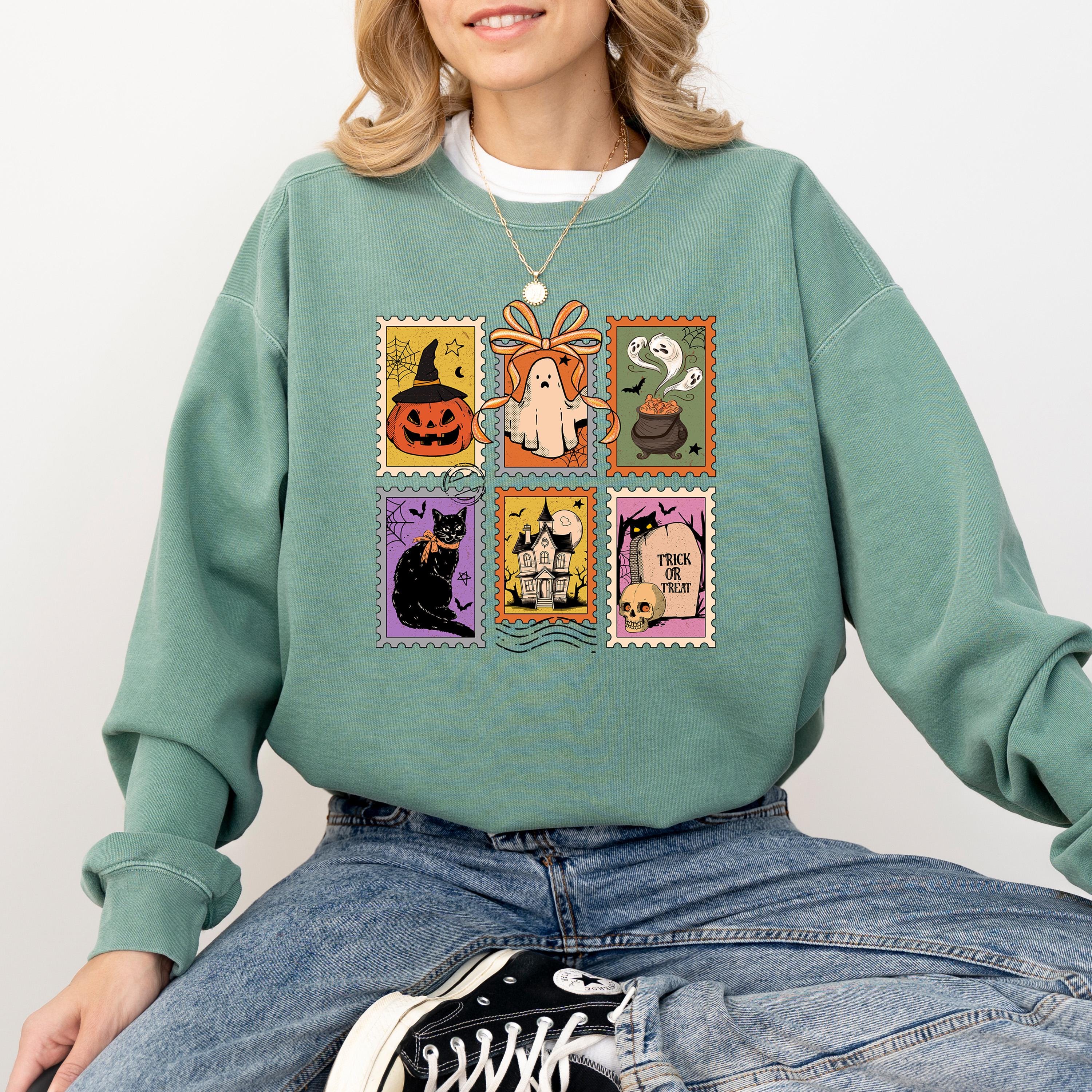 Halloween Stamp Design Comfort Colors Sweatshirt, Witches Brew DTG Design, Fall Jack O Lantern Pumpkin, Autumn Sweater, Black Cat Crewneck